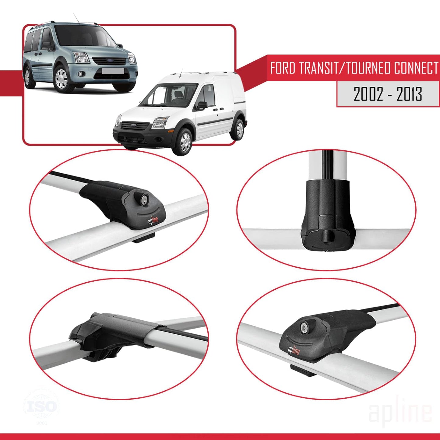 Compatible with Ford Transit/Tourneo Connect 2002-2013 ACE-1 Car Roof Rack Cross Bar Grey Aluminium 2 Bars