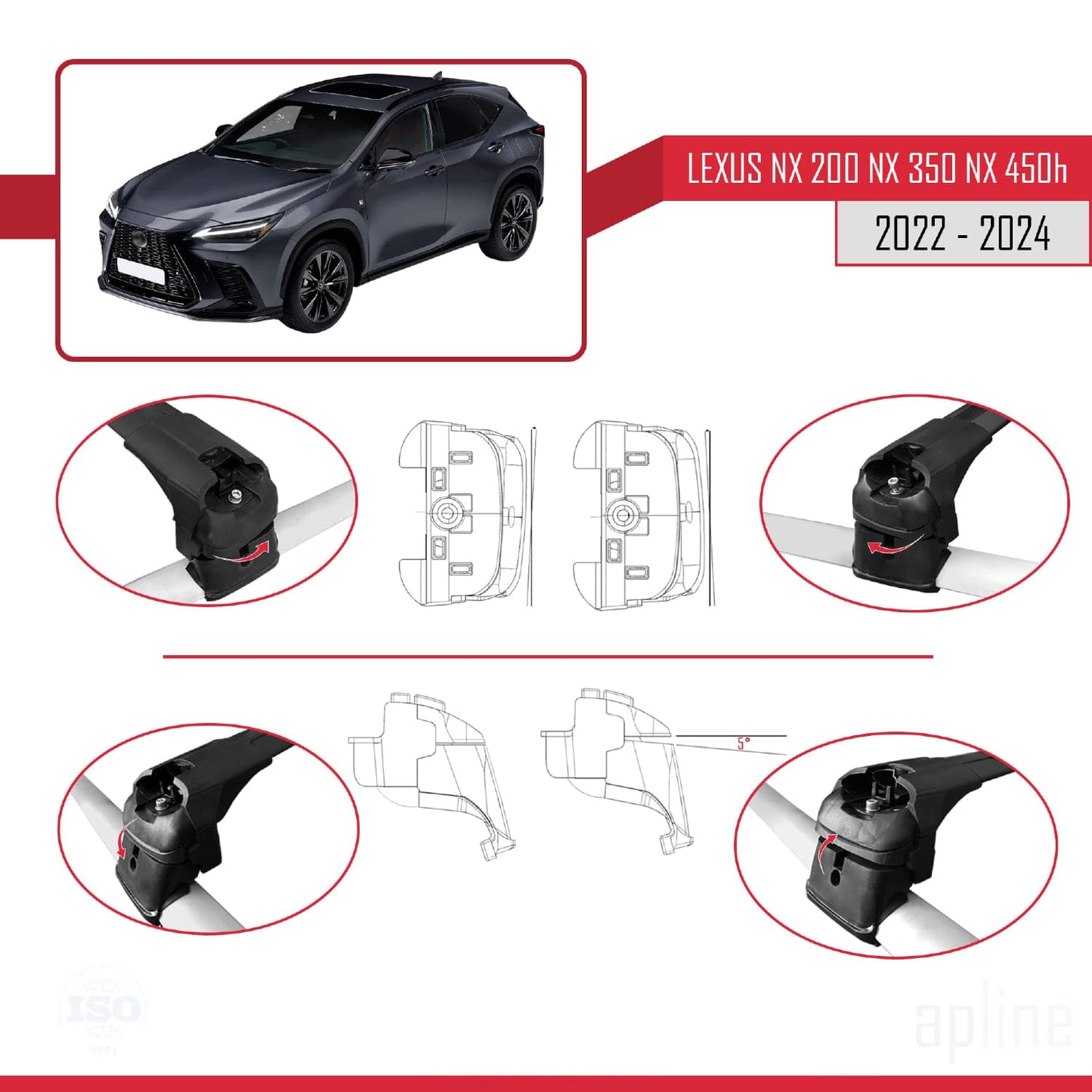 Compatible with Lexus NX 200 NX 350 NX 450H 2022-2024 ACE-2 Car Roof Rack Cross Bar Black Aluminium 2 Bars