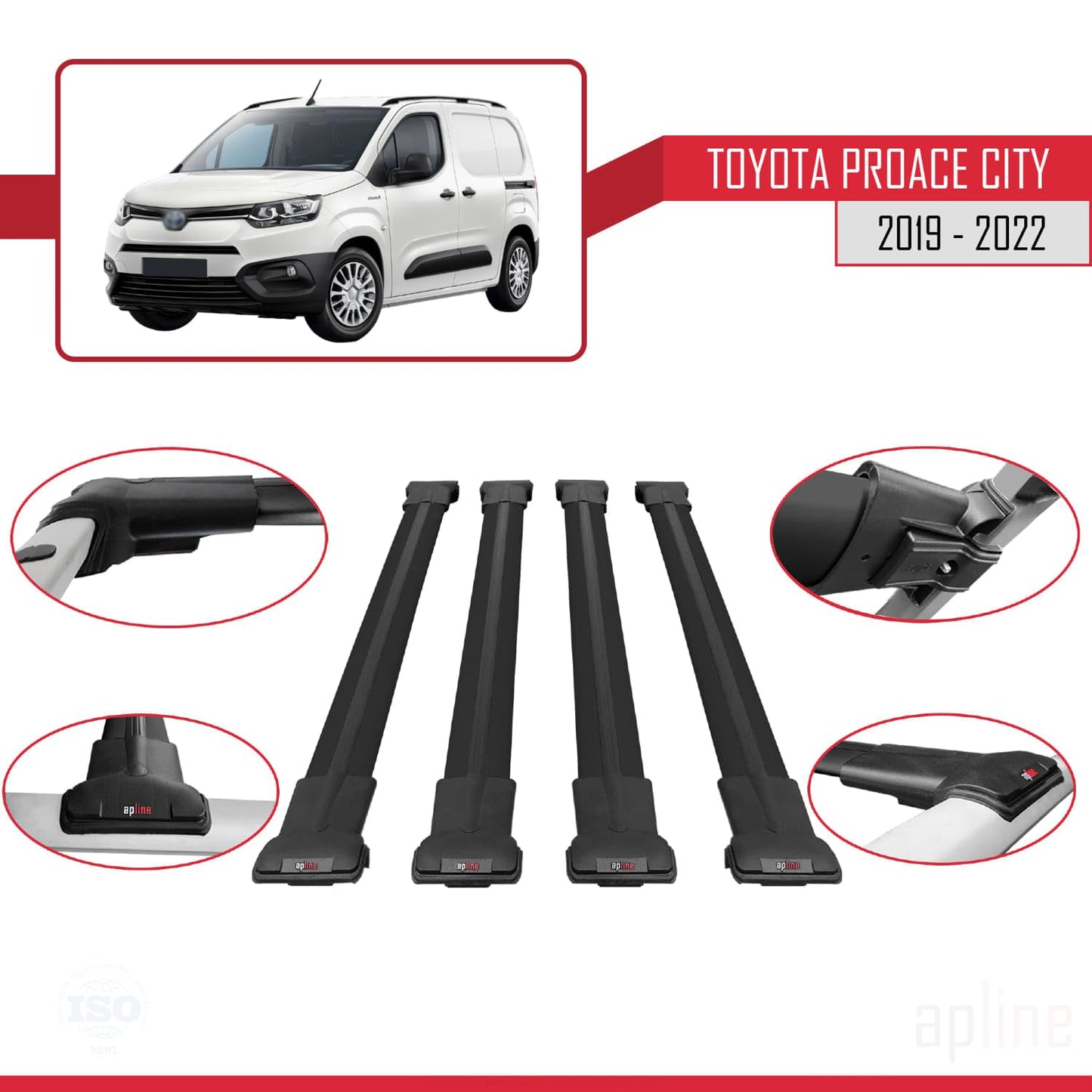 Compatible with Toyota Proace City 2019-2022 Fly Model Car Roof Rack Cross Bar Black Aluminium 4 Bars