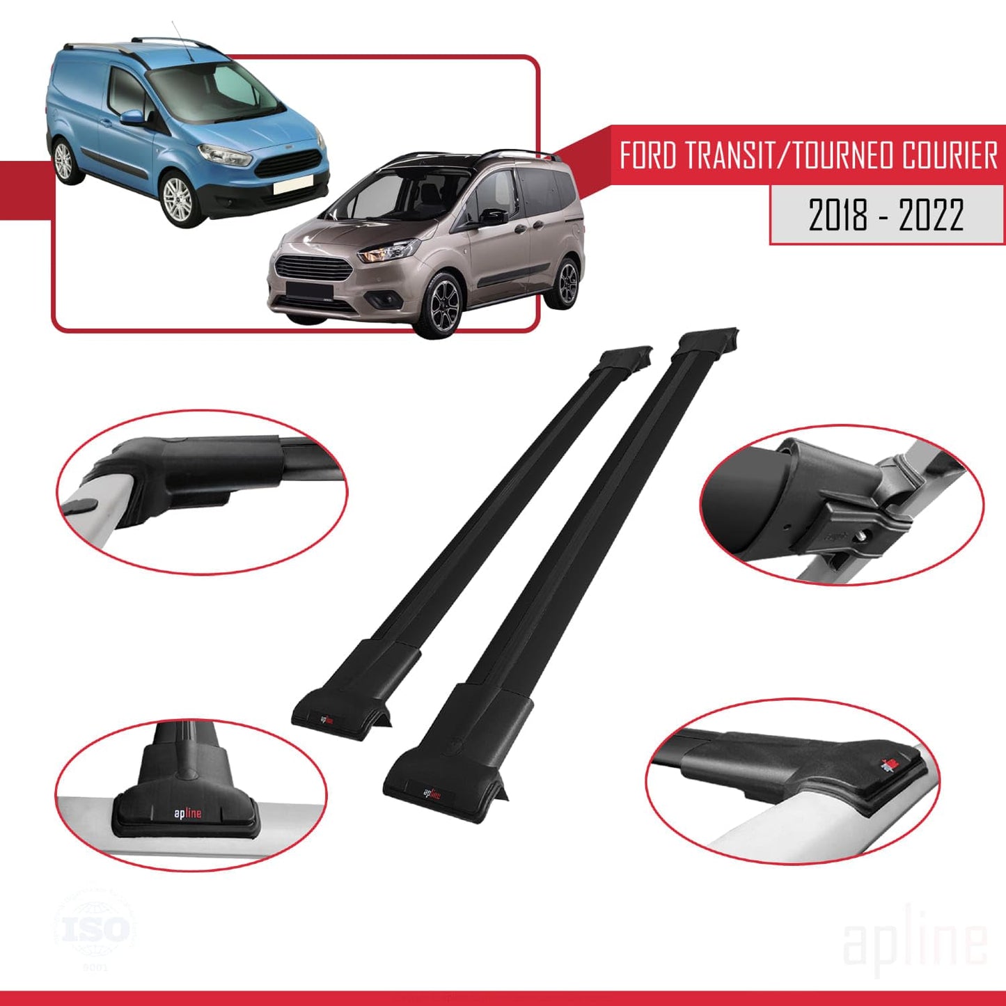 Compatible with Ford Transit/Tourneo Courier Post-Facelift 2018-2022 Fly Model Car Roof Rack Cross Bar Black Aluminium 2 Bars