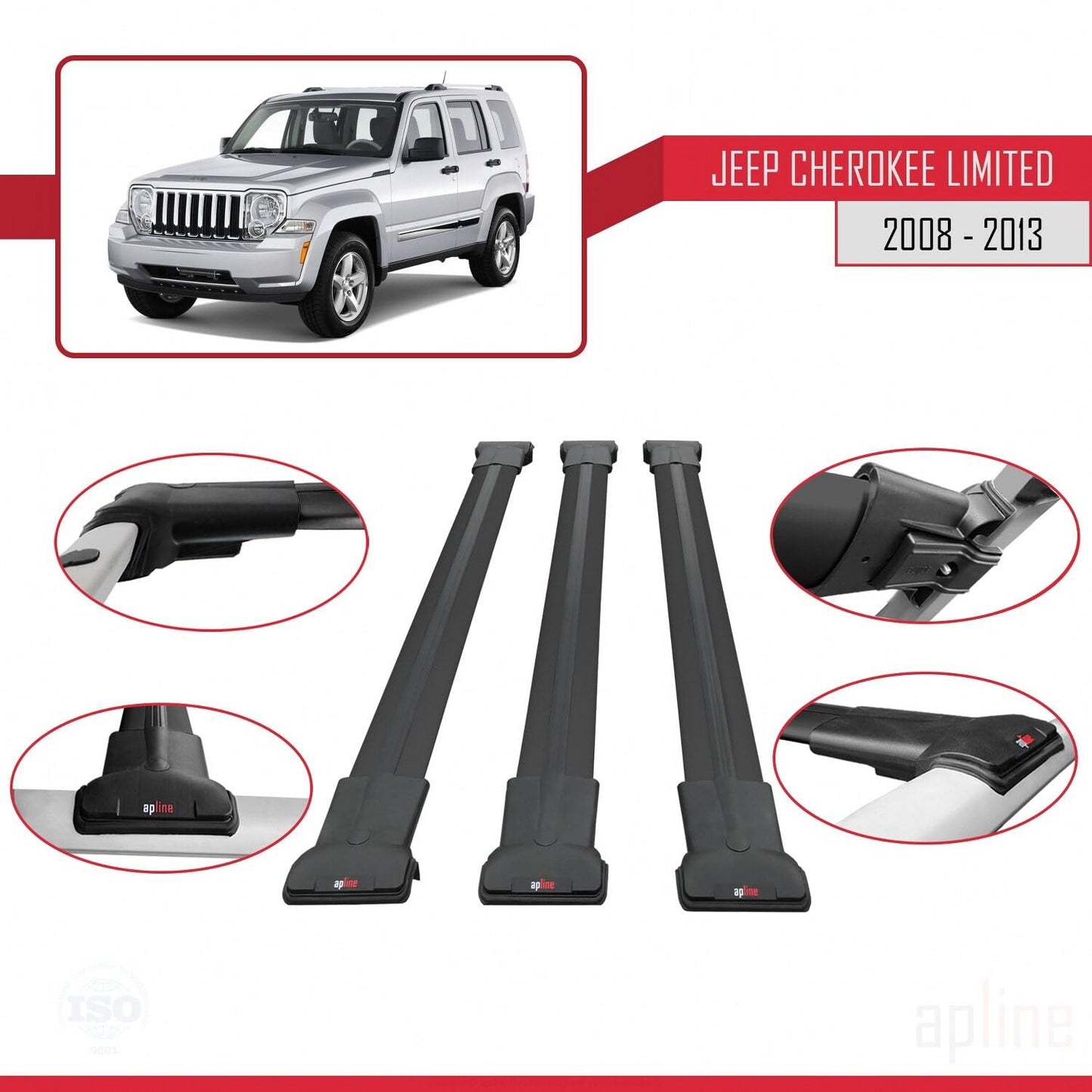 Compatible with Jeep Cherokee 4 (KK) 2008-2013 Fly Model Car Roof Rack Cross Bar Black Aluminium 3 Bars
