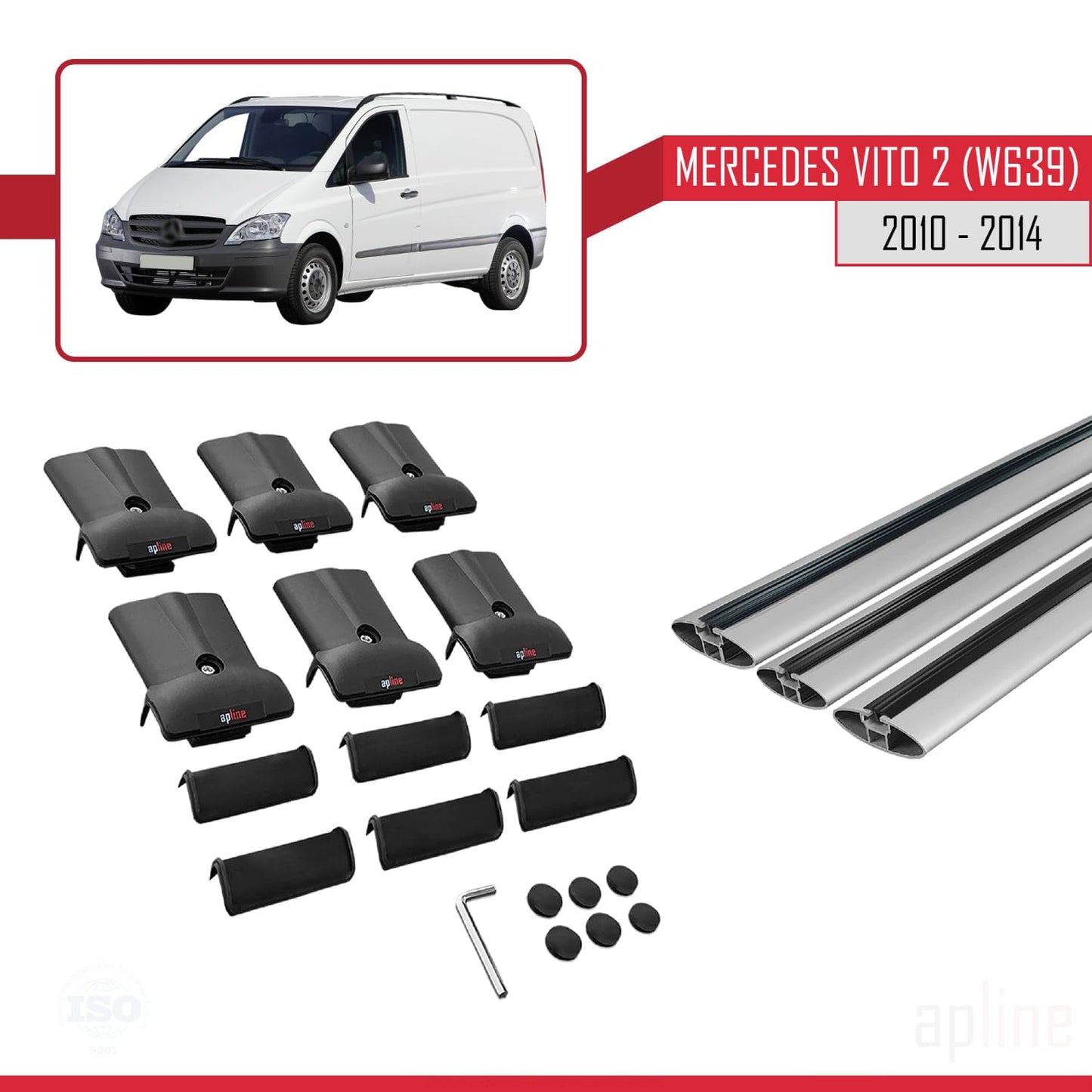 Compatible with Mercedes Vito 2 (W639) Post-Facelift 2010-2014 Fly Model Car Roof Rack Cross Bar Grey Aluminium 3 Bars