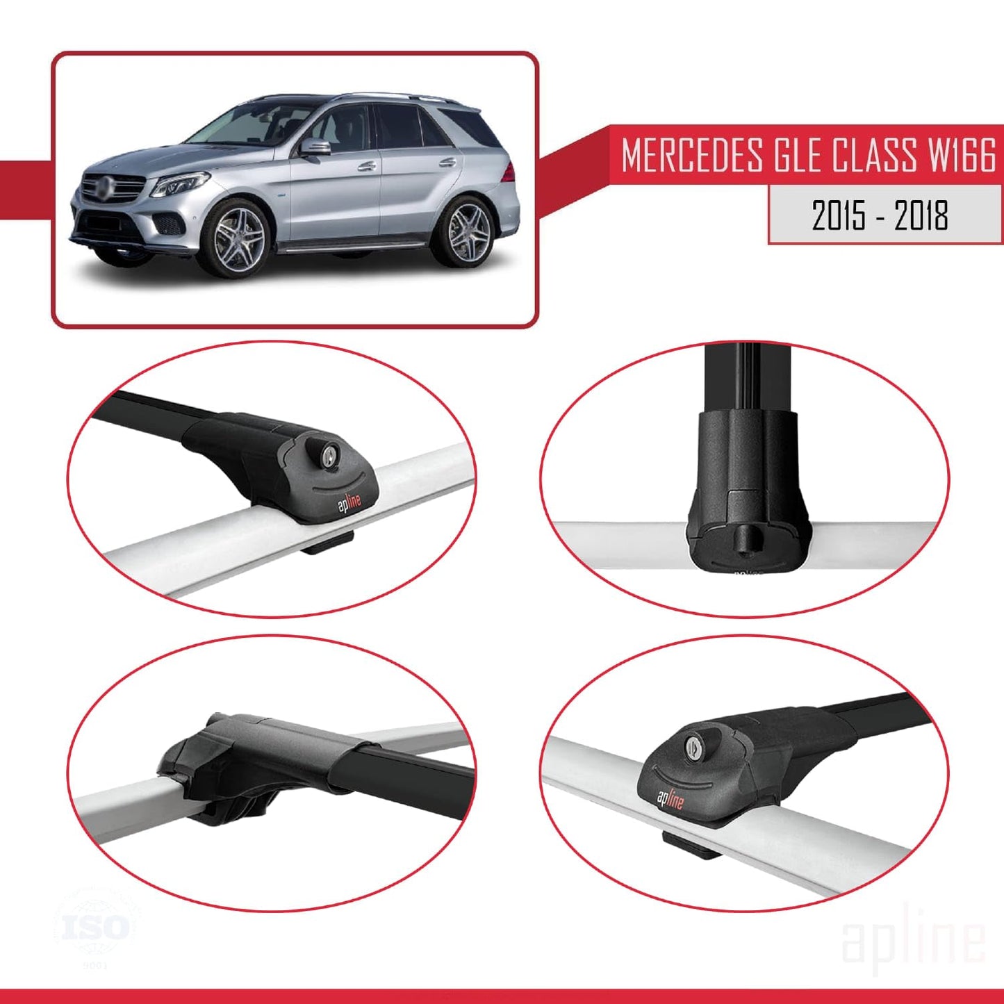 Compatible with Mercedes GLE Class 3 (W166) 2015-2018 ACE-1 Car Roof Rack Cross Bar Black Aluminium 3 Bars