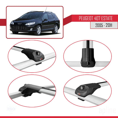 Compatible with Peugeot 407 SW 2005-2011 ACE-1 Car Roof Rack Cross Bar Grey Aluminium 2 Bars