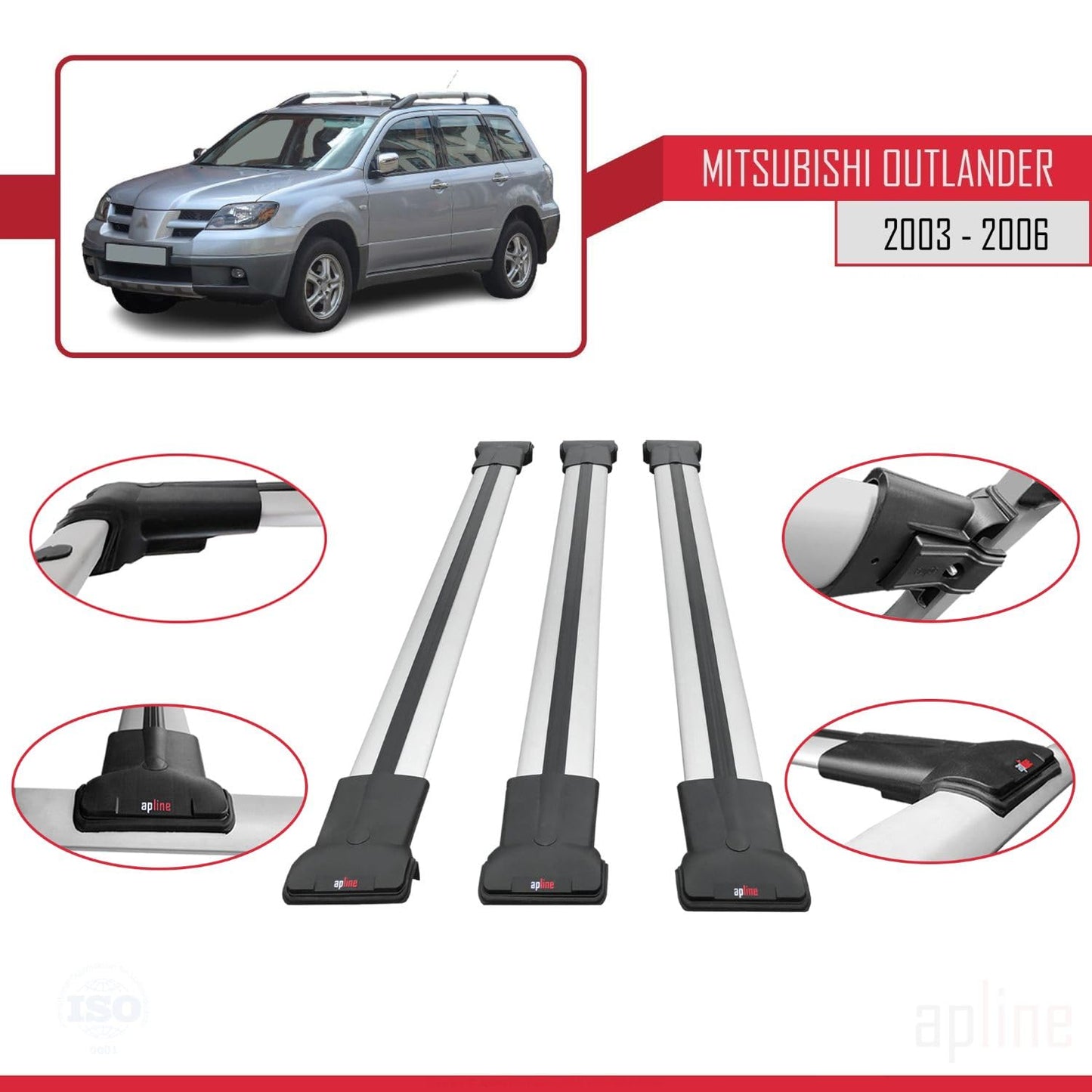 Compatible with Mitsubishi Outlander 2004-2006 Fly Model Car Roof Rack Cross Bar Grey Aluminium 3 Bars