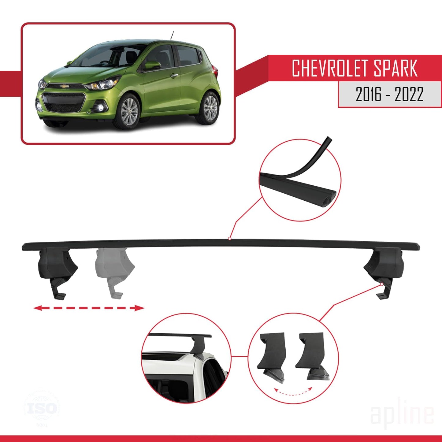 Compatible with Chevrolet Spark (M400) 2016-2022 ACE-4 Car Roof Rack Cross Bar Black Aluminium 2 Bars