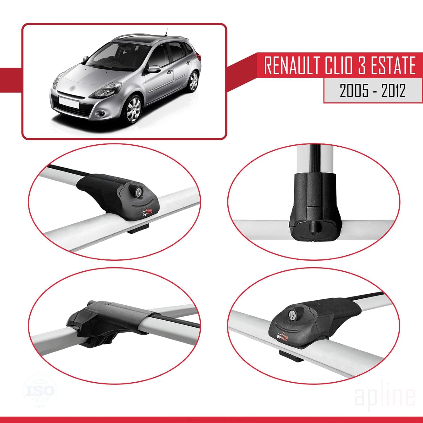 Compatible with Renault Clio 3 Estate 2005-2012 ACE-1 Car Roof Rack Cross Bar Grey Aluminium 3 Bars