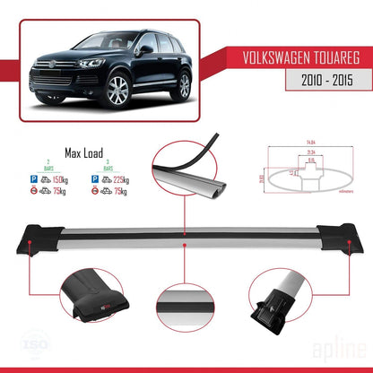 Compatible with Volkswagen Touareg 2 (7P) Pre-Facelift 2010-2015 Fly Model Car Roof Rack Cross Bar Grey Aluminium 2 Bars