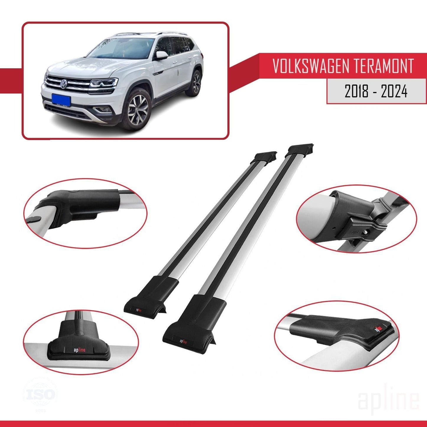 Compatible with Volkswagen Teramont (CA1) 2018-2024 Fly Model Car Roof Rack Cross Bar Grey Aluminium 2 Bars