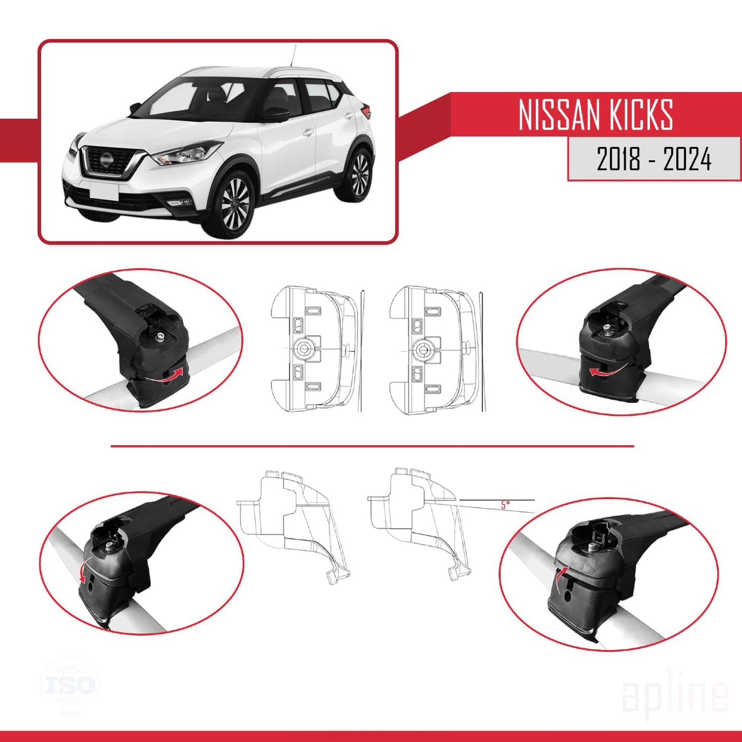 Compatible with Nissan Kicks 2018-2024 ACE-2 Car Roof Rack Cross Bar Black Aluminium 2 Bars