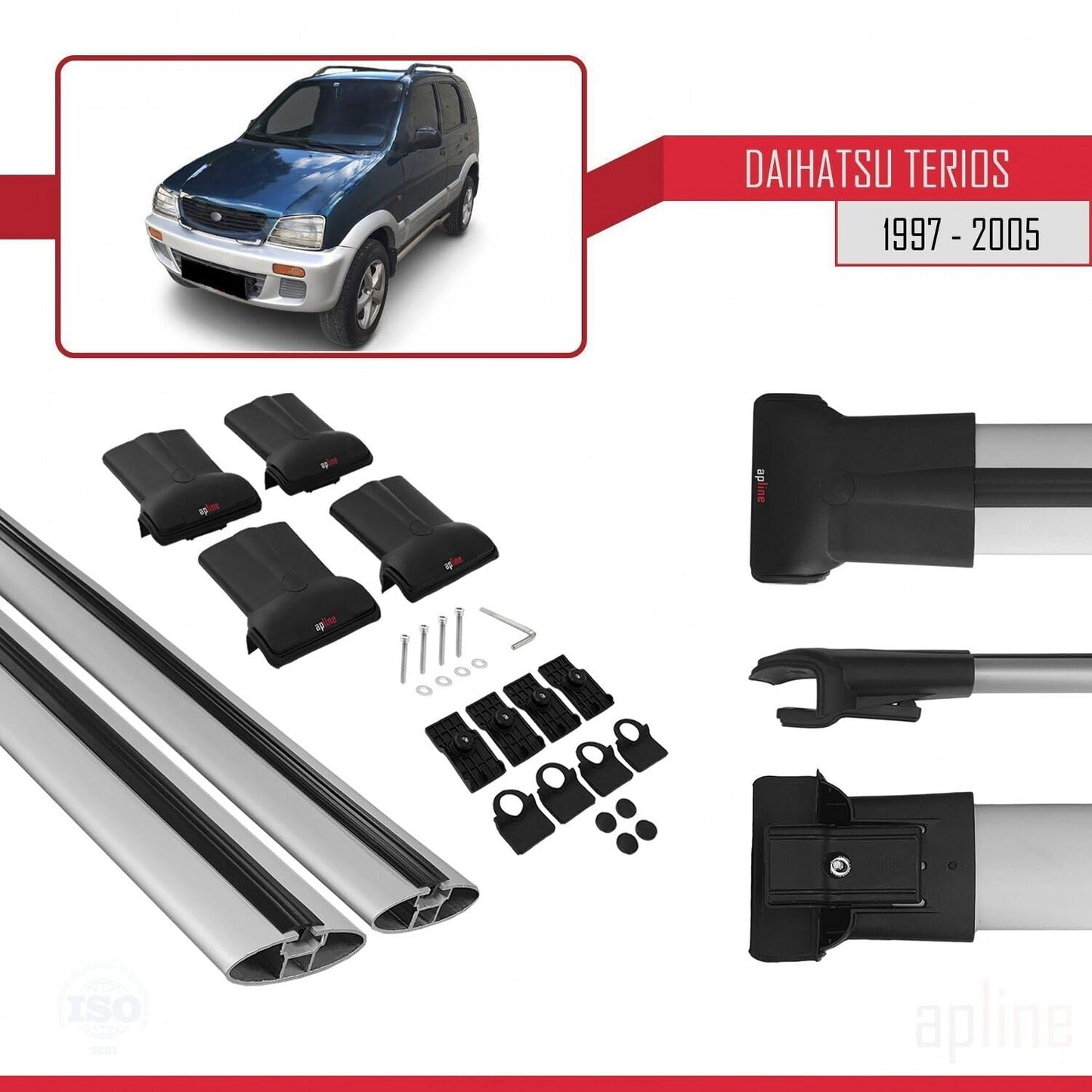 Compatible with Daihatsu Terios (J100) 1997-2005 Fly Model Car Roof Rack Cross Bar Grey Aluminium 2 Bars