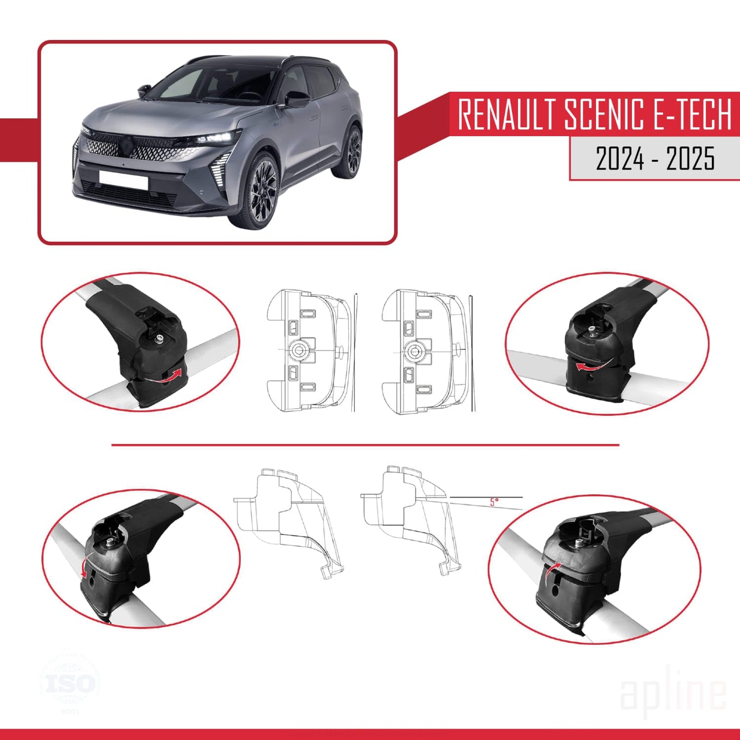 Compatible with Renault Scenic E-Tech 2024-2025 ACE-2 Car Roof Rack Cross Bar Grey Aluminium 2 Bars