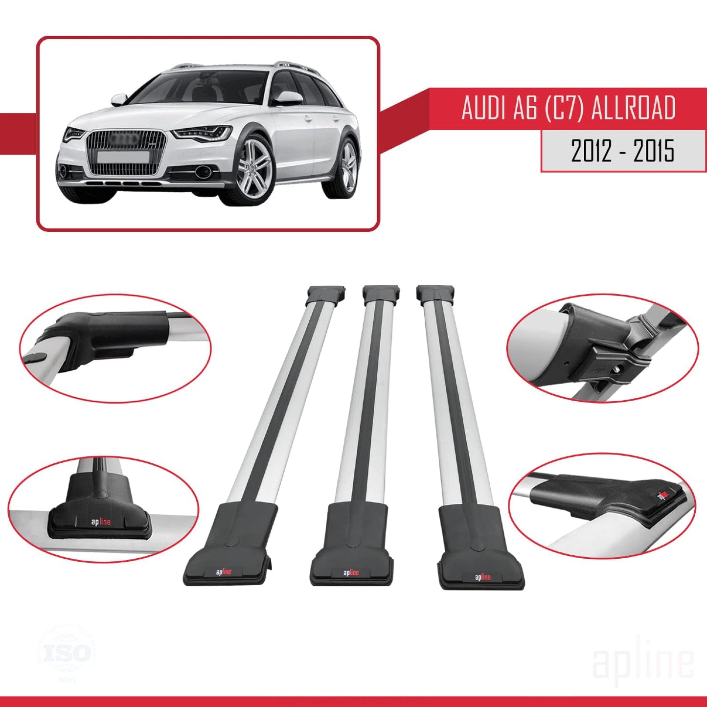 Compatible with Audi A6 (C7) Allroad 2012-2015 Fly Model Car Roof Rack Cross Bar Grey Aluminium 3 Bars