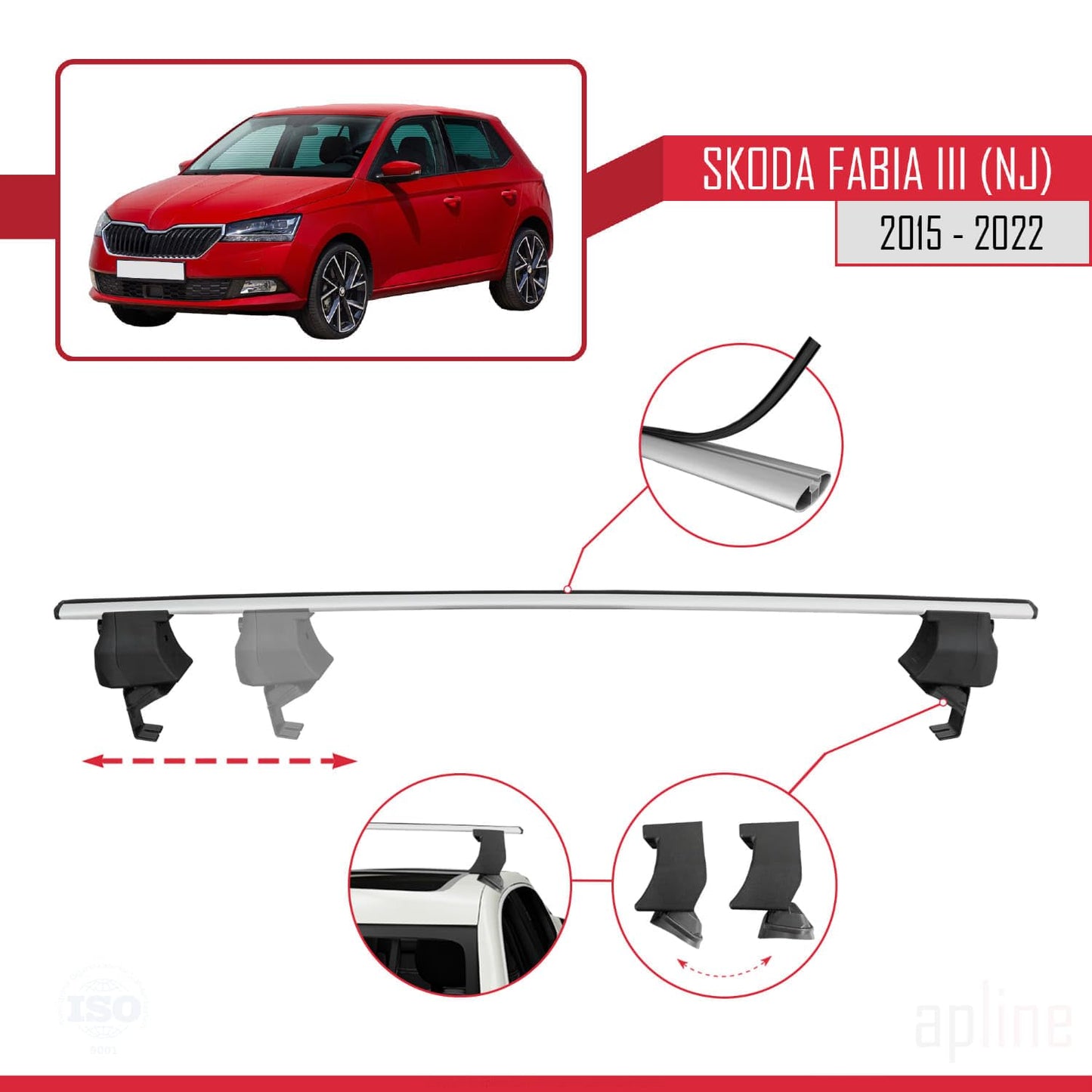 Compatible with Skoda Fabia 3 (NJ) 2015-2022 ACE-4 Car Roof Rack Cross Bar Grey Aluminium 2 Bars