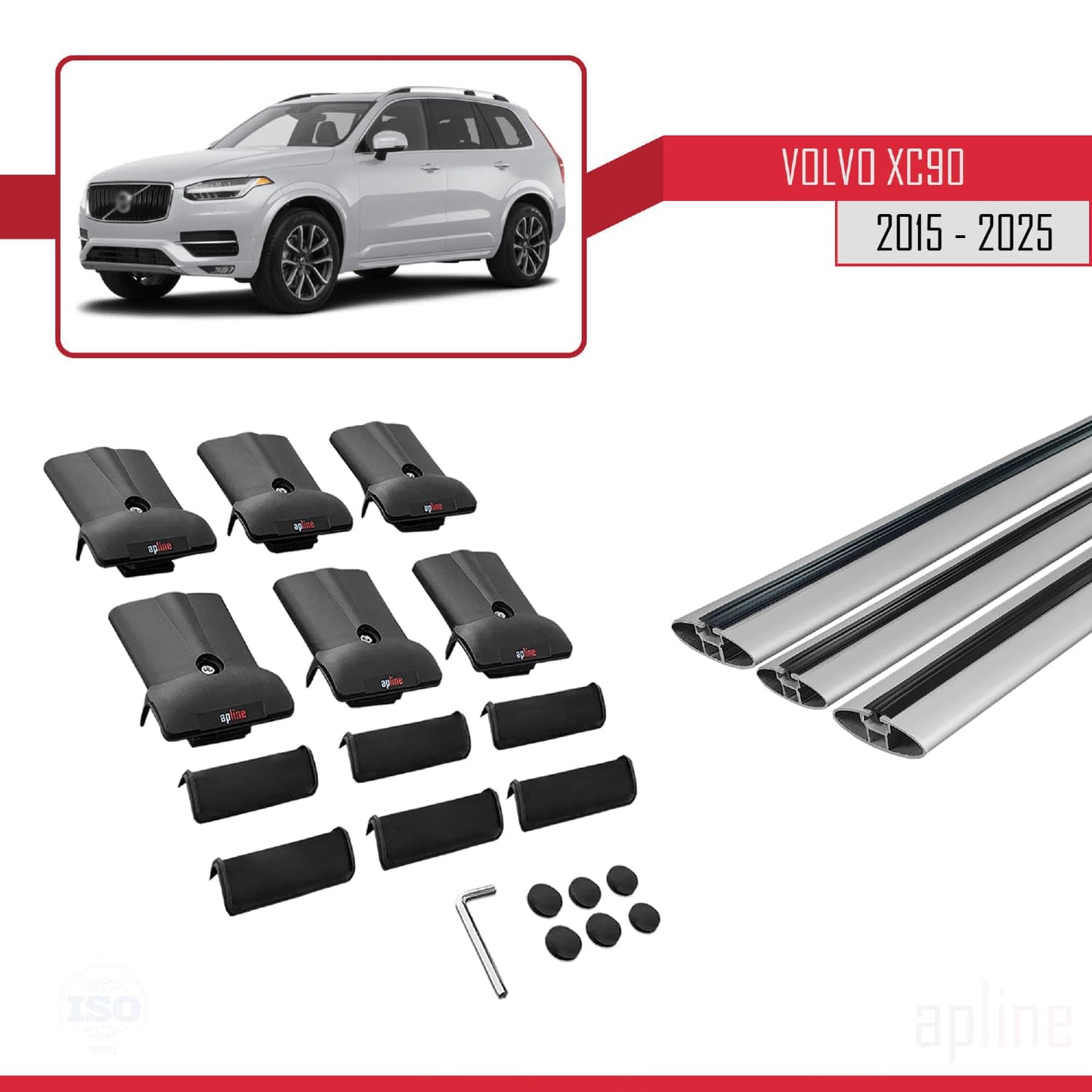 Compatible with Volvo XC90 II 2015-2025 Fly Model Car Roof Rack Cross Bar Grey Aluminium 3 Bars