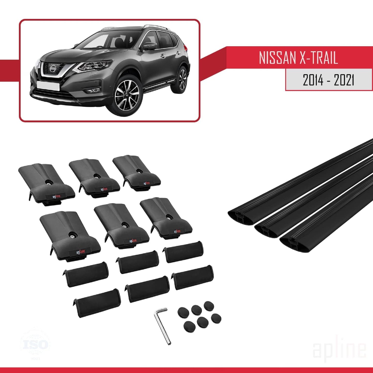 Compatible with Nissan X-Trail 3 (T32) 2014-2021 Fly Model Car Roof Rack Cross Bar Black Aluminium 3 Bars