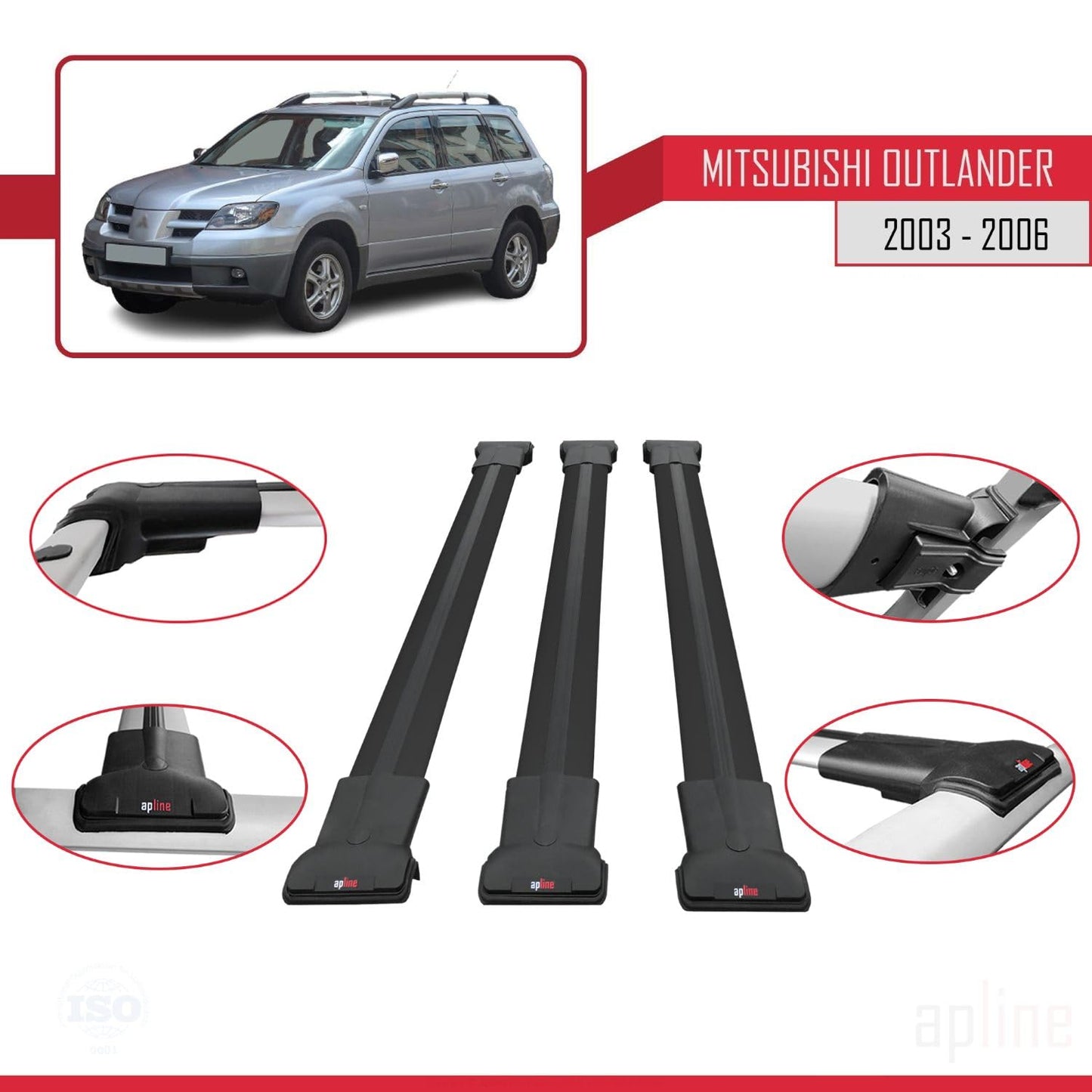 Compatible with Mitsubishi Outlander 2004-2006 Fly Model Car Roof Rack Cross Bar Black Aluminium 3 Bars