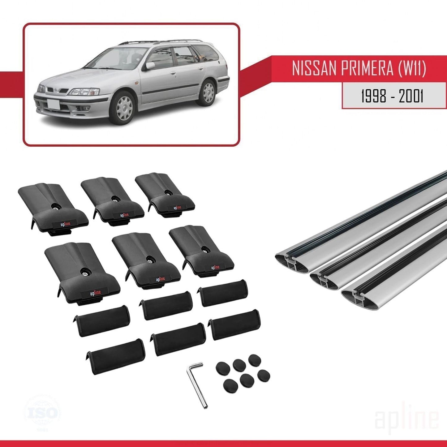 Compatible with Nissan Primera 2 (W11) Traveller 1998-2001 Fly Model Car Roof Rack Cross Bar Grey Aluminium 3 Bars