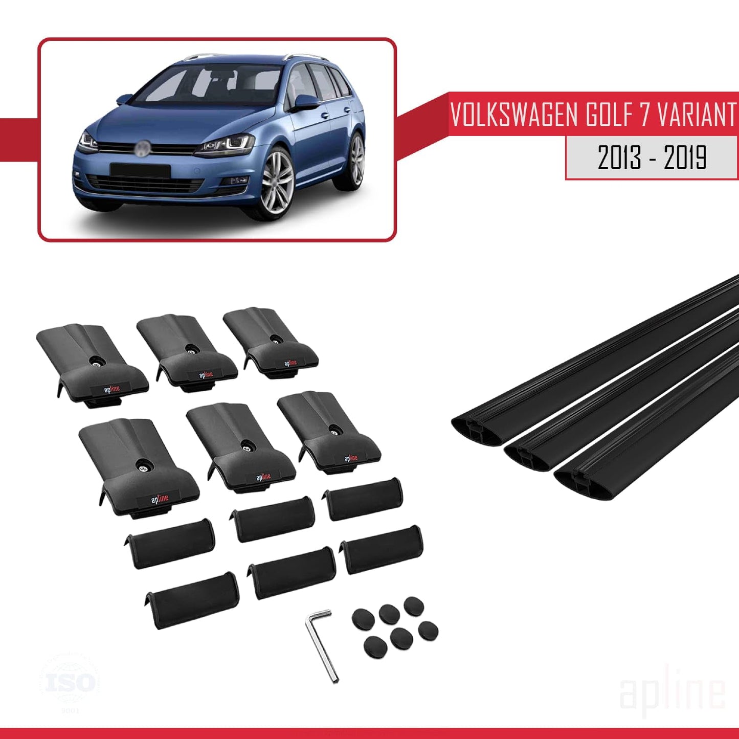 Compatible with Volkswagen Golf 7 (5G) Variant 2013-2019 Fly Model Car Roof Rack Cross Bar Black Aluminium 3 Bars