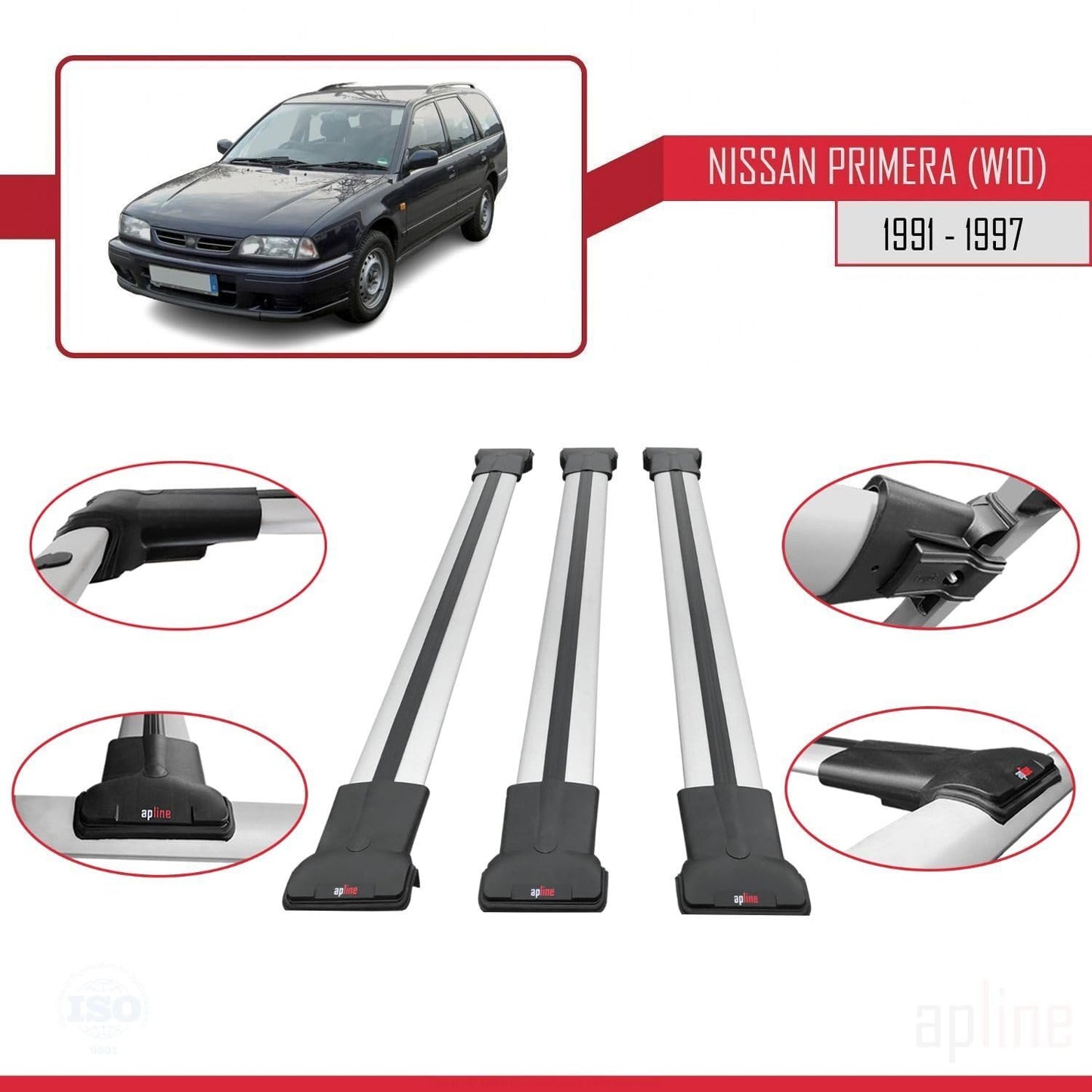 Compatible with Nissan Primera (W10) Traveller 1991-1997 Fly Model Car Roof Rack Cross Bar Grey Aluminium 3 Bars