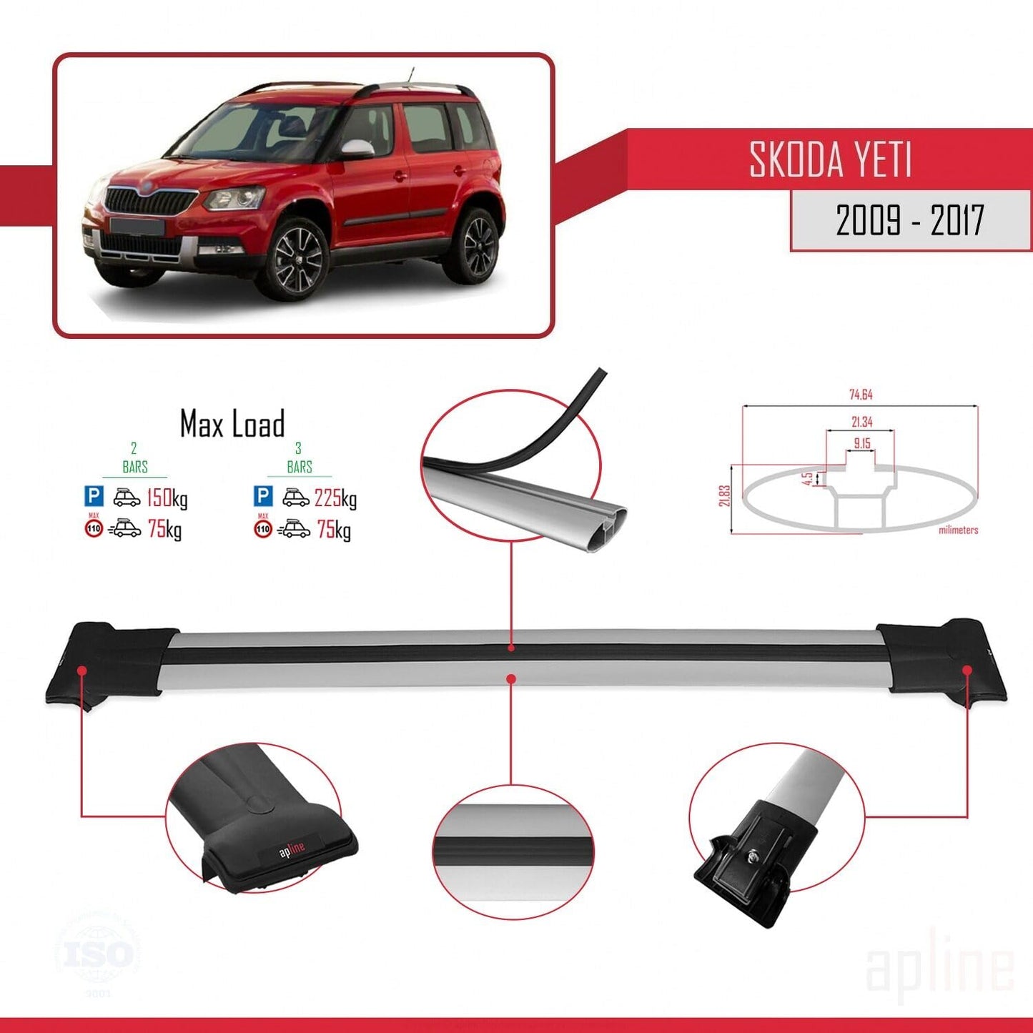 Compatible with Skoda Yeti 2009-2017 Fly Model Car Roof Rack Cross Bar Grey Aluminium 2 Bars