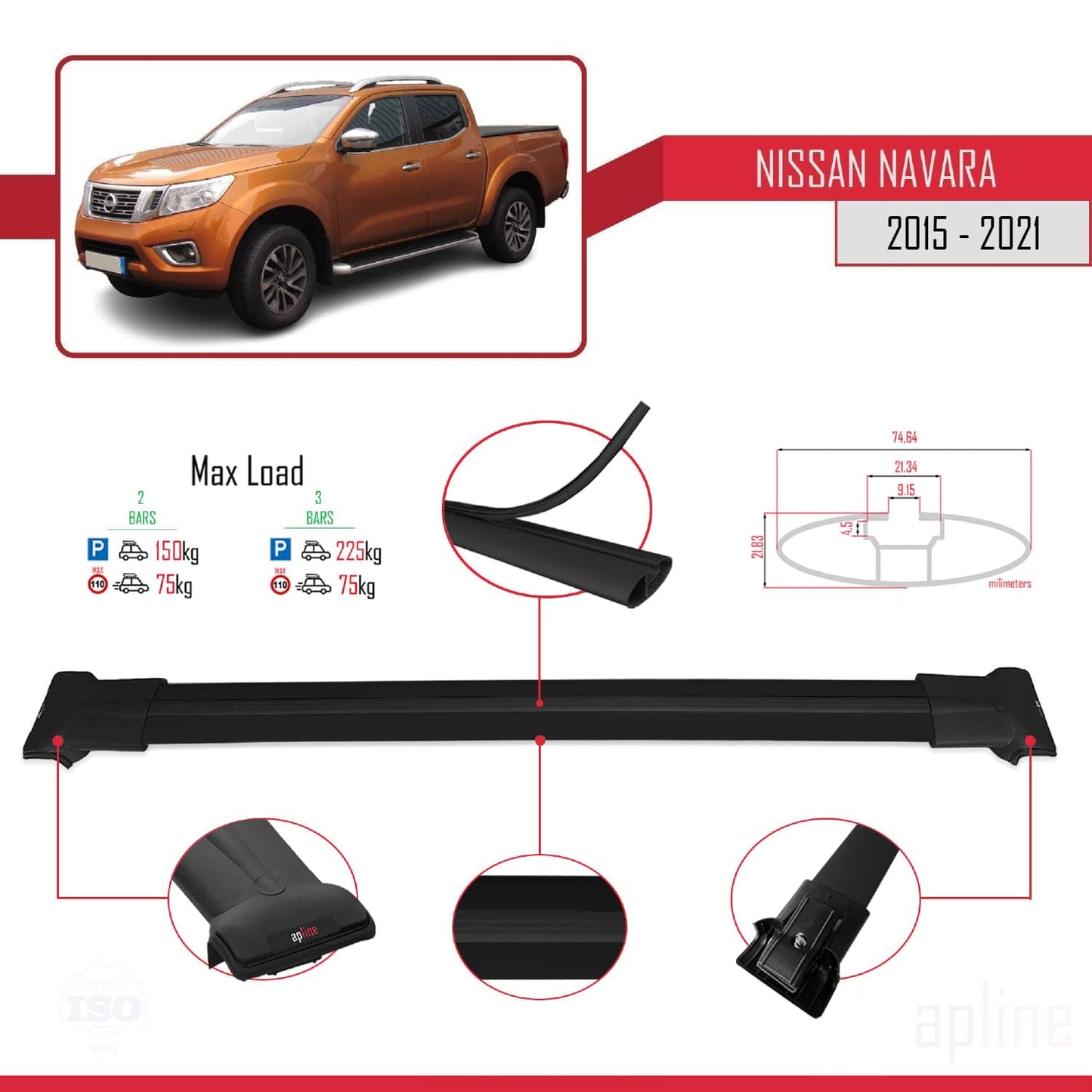 Compatible with Nissan Navara 4 (D23) 2015-2021 Fly Model Car Roof Rack Cross Bar Black Aluminium 2 Bars