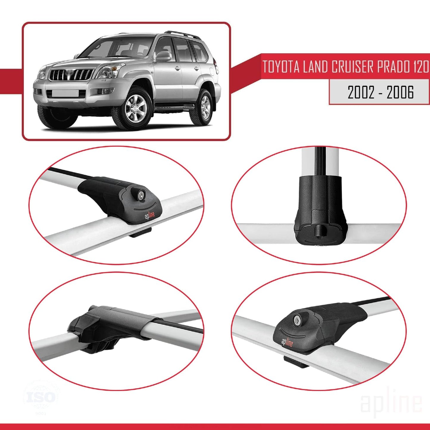 Compatible with Toyota Land Cruiser Prado (J120) 2002-2006 ACE-1 Car Roof Rack Cross Bar Grey Aluminium 2 Bars
