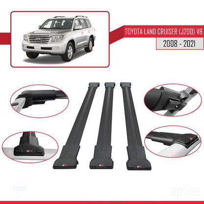 Compatible with Toyota Land Cruiser V8 (J200) 2008-2021 Fly Model Car Roof Rack Cross Bar Black Aluminium 3 Bars