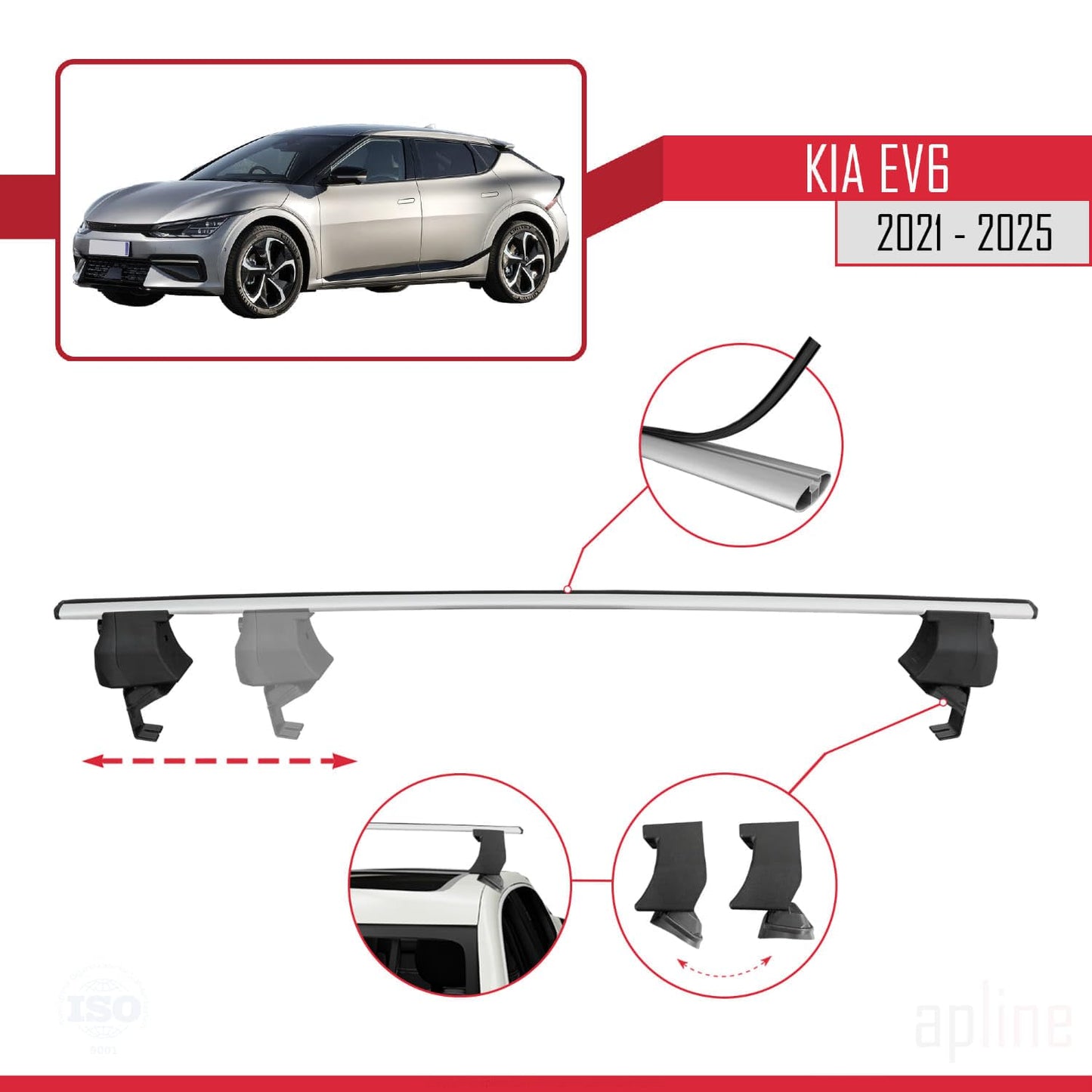Compatible with Kia EV6 2021-2025 ACE-4 Car Roof Rack Cross Bar Grey Aluminium 2 Bars