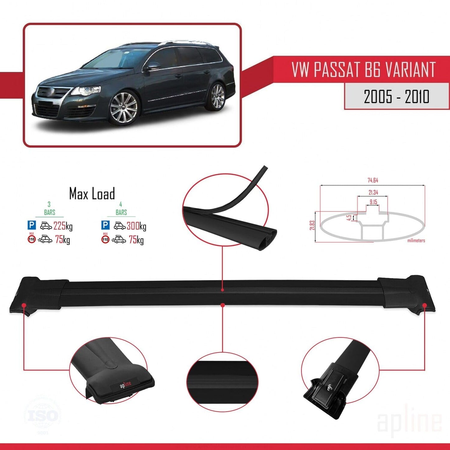 Compatible with Volkswagen Passat B6 (3C) Variant 2005-2010 Fly Model Car Roof Rack Cross Bar Black Aluminium 3 Bars