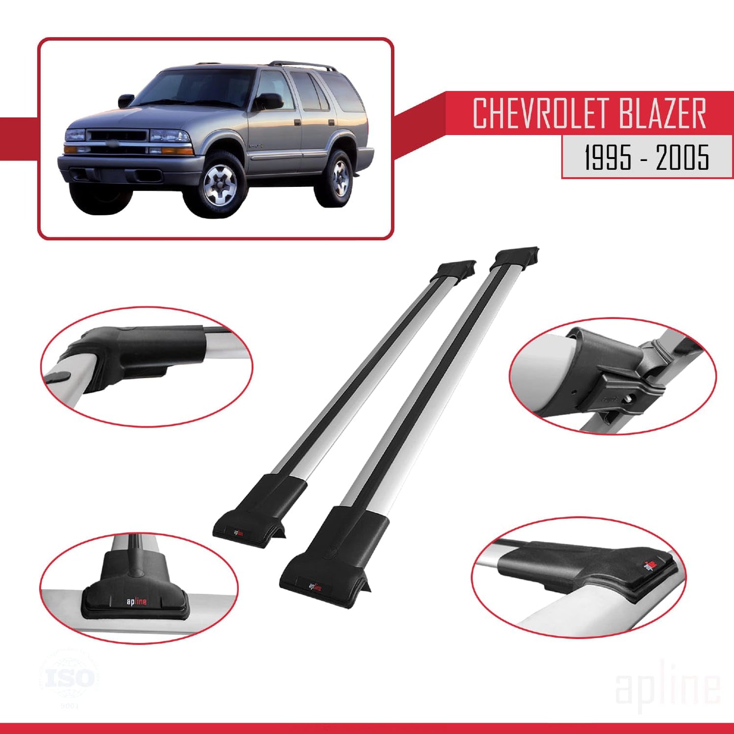 Compatible with Chevrolet Blazer 1995-2005 Fly Model Car Roof Rack Cross Bar Grey Aluminium 2 Bars