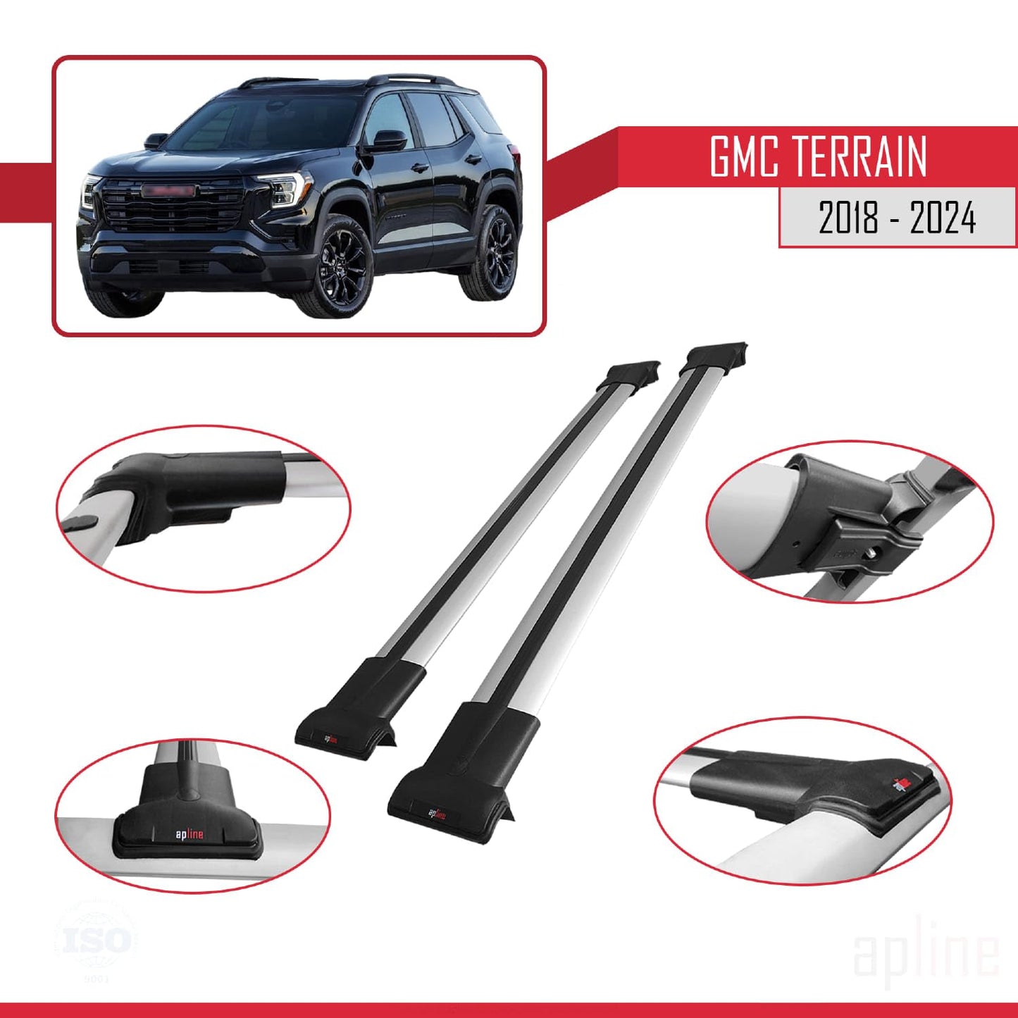 Compatible with GMC Terrain 2018-2024 Fly Model Car Roof Rack Cross Bar Grey Aluminium 2 Bars