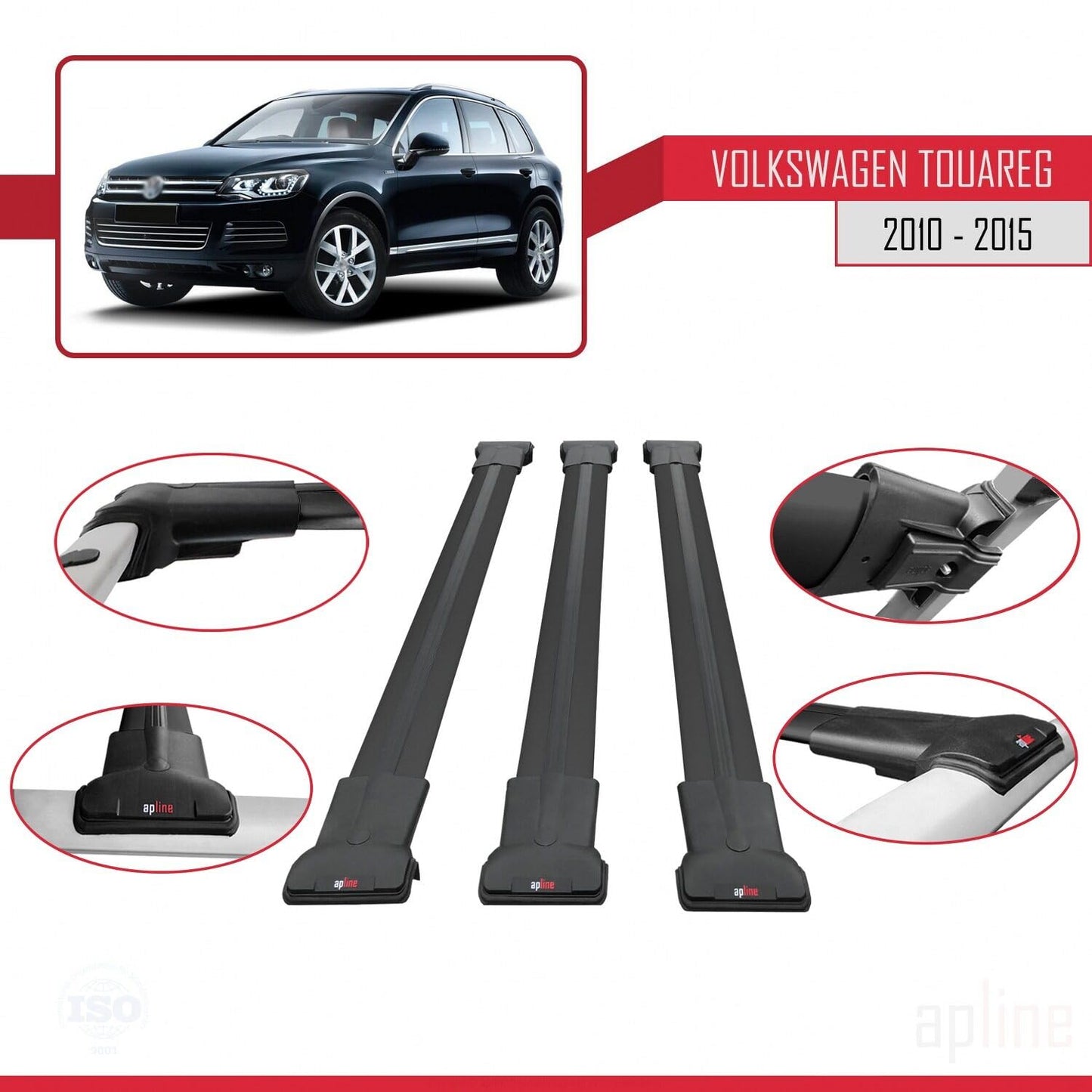 Compatible with Volkswagen Touareg 2 (7P) Pre-Facelift 2010-2015 Fly Model Car Roof Rack Cross Bar Black Aluminium 3 Bars