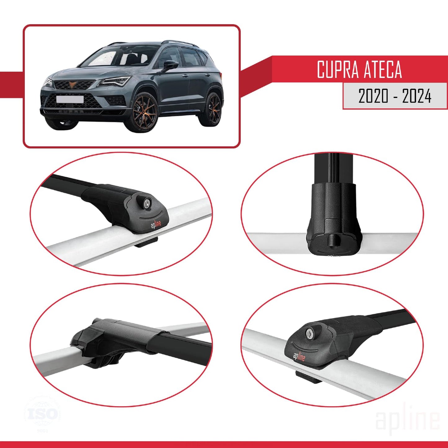 Compatible with Cupra Ateca 2020-2024 ACE-1 Car Roof Rack Cross Bar Black Aluminium 2 Bars