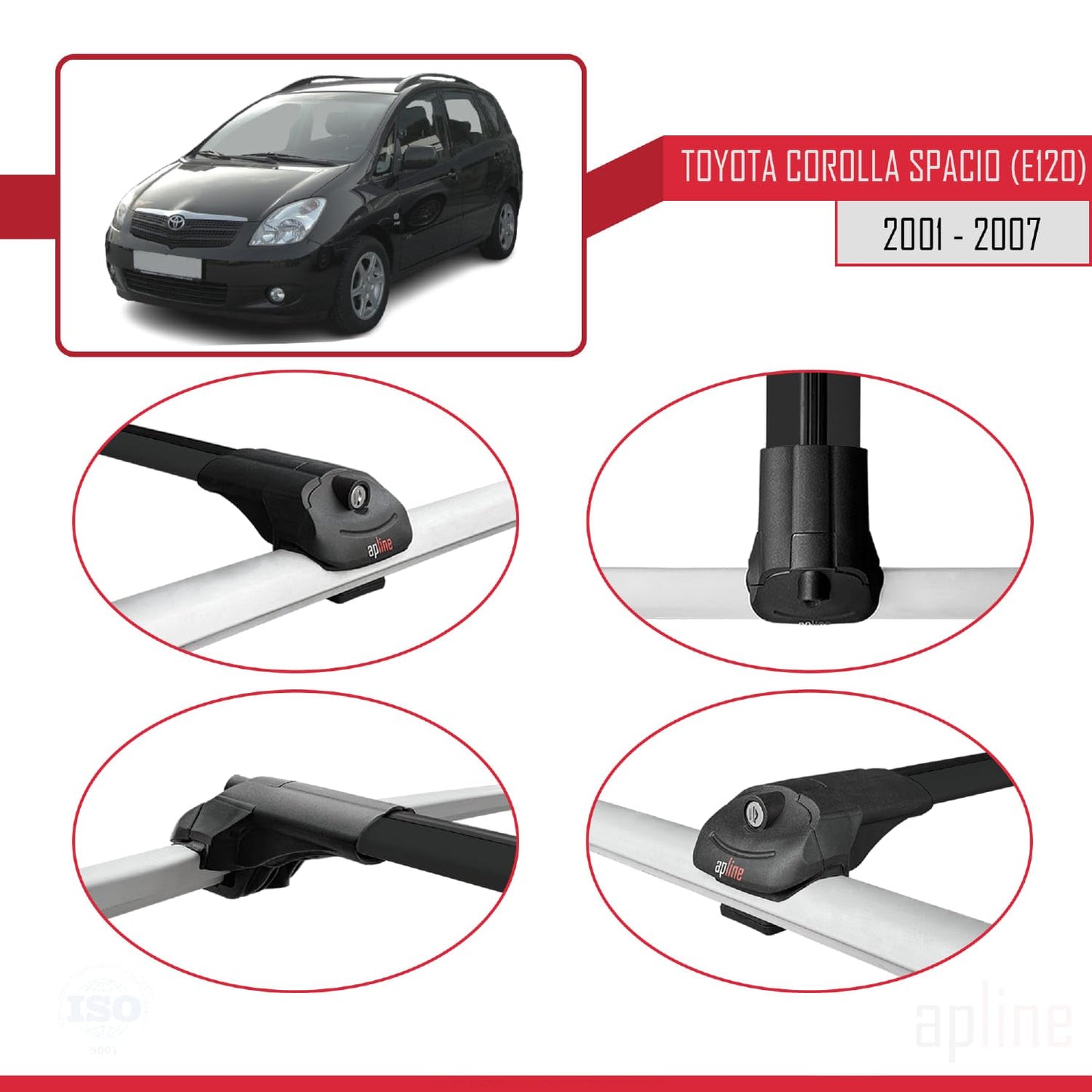 Compatible with Toyota Corolla Spacio 2 (E120) 2001-2007 ACE-1 Car Roof Rack Cross Bar Black Aluminium 2 Bars