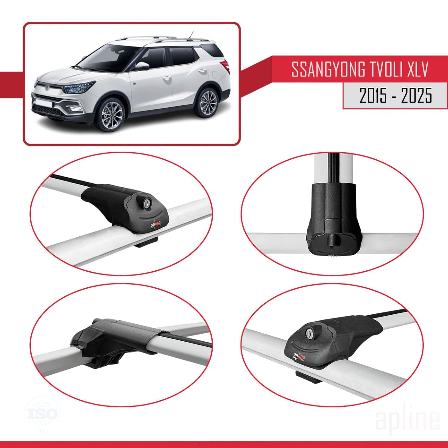 Compatible with SsangYong Tivoli XLV 2015-2025 ACE-1 Car Roof Rack Cross Bar Grey Aluminium 2 Bars