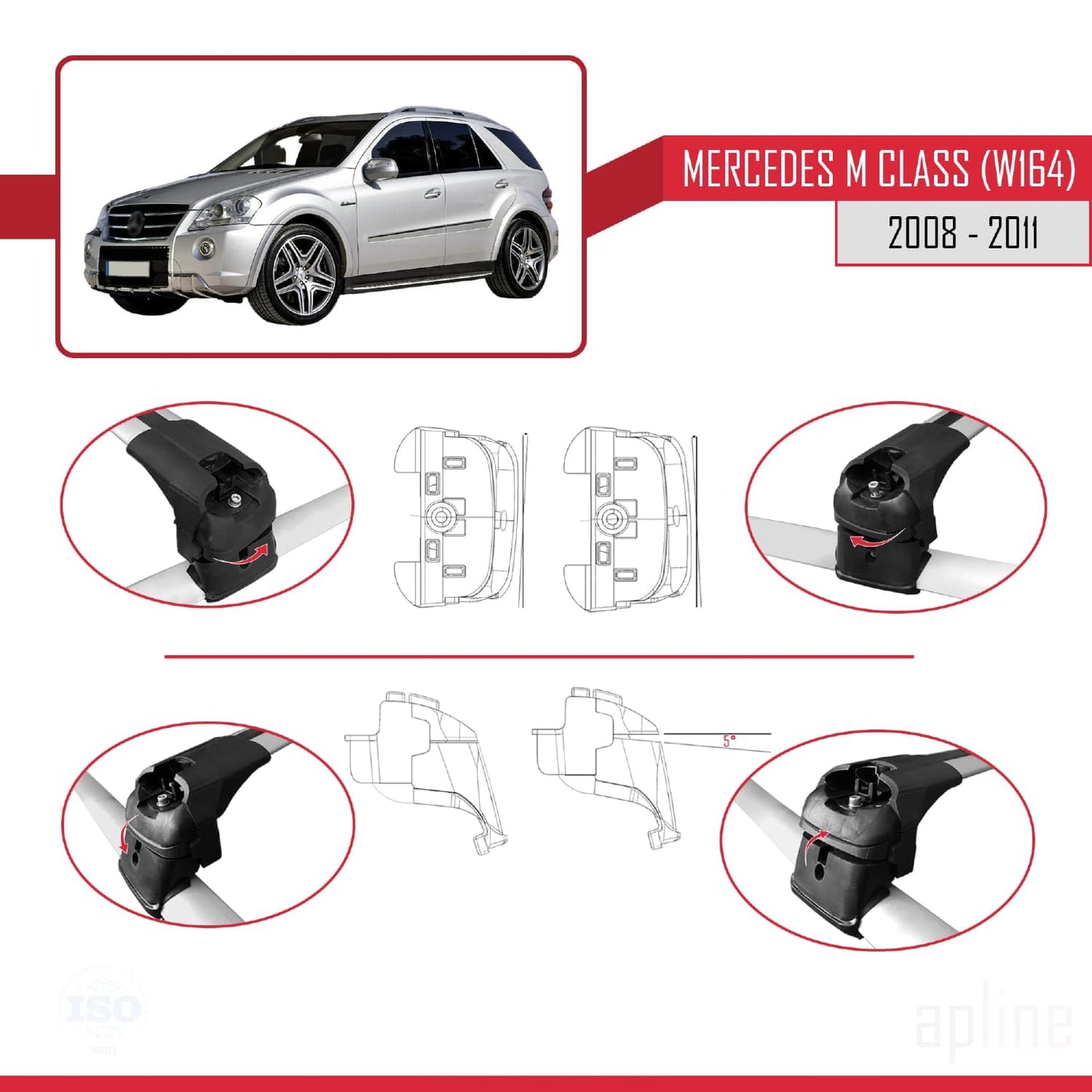 Compatible with Mercedes M Class 2 (W164) Post-Facelift 2008-2011 ACE-2 Car Roof Rack Cross Bar Grey Aluminium 2 Bars