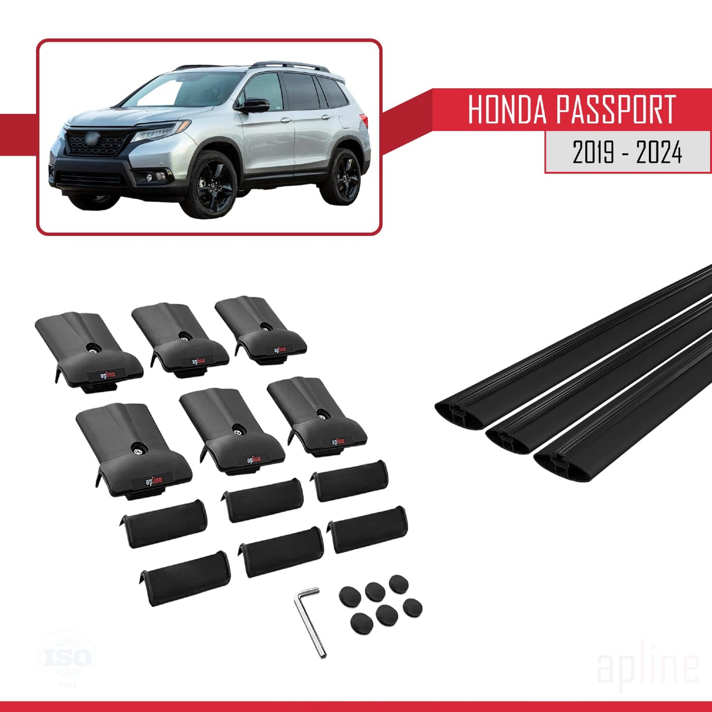 Compatible with Honda Passport 2019-2024 Fly Model Car Roof Rack Cross Bar Black Aluminium 3 Bars