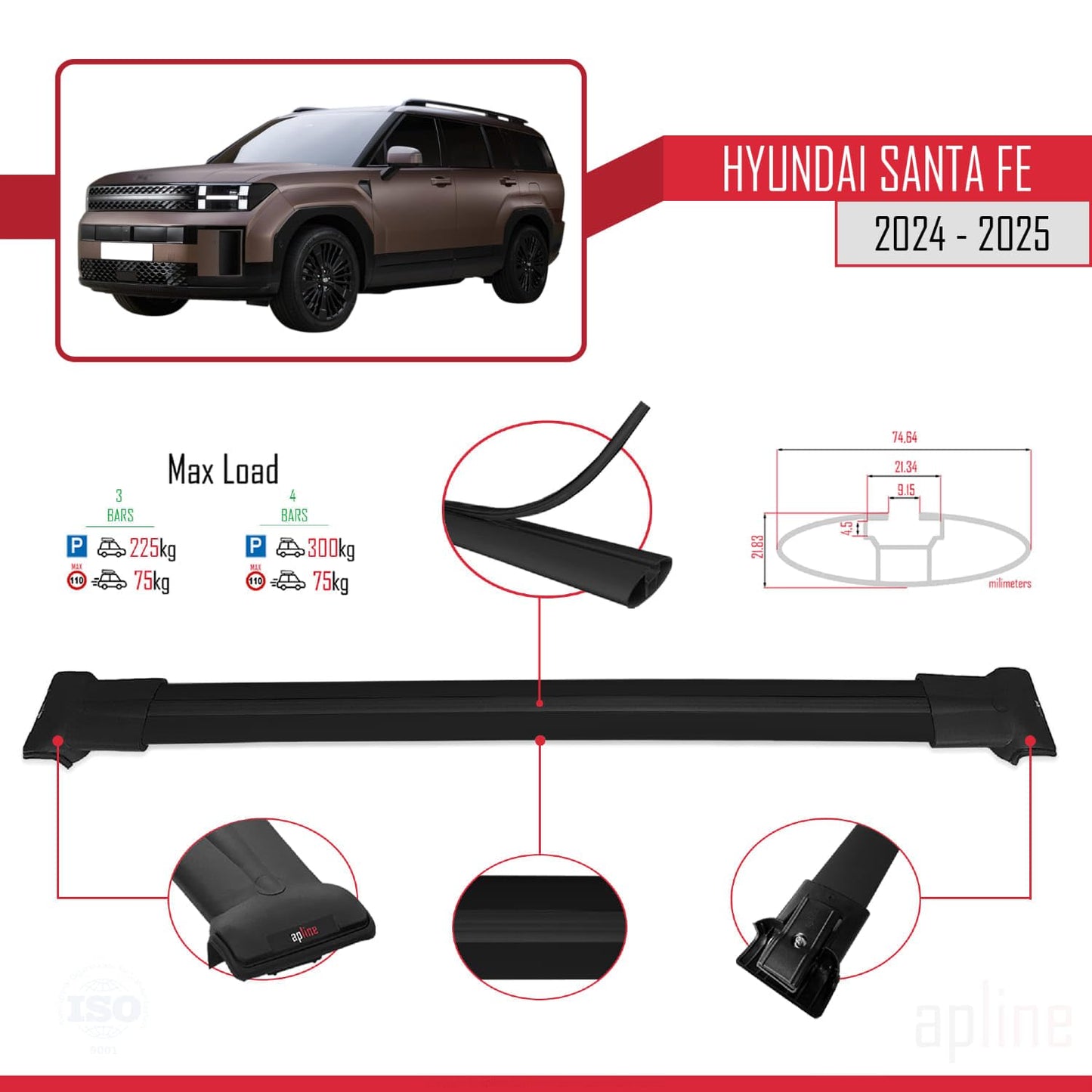 Compatible with Hyundai Santa Fe 2024-2025 Fly Model Car Roof Rack Cross Bar Black Aluminium 3 Bars