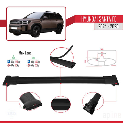 Compatible with Hyundai Santa Fe 2024-2025 Fly Model Car Roof Rack Cross Bar Black Aluminium 3 Bars