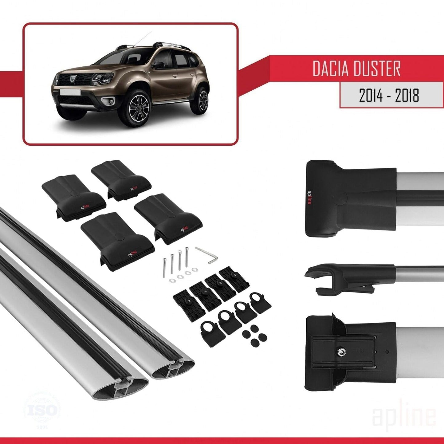 Compatible with Dacia Duster (HS) Post-Facelift 2014-2017 Fly Model Car Roof Rack Cross Bar Grey Aluminium 2 Bars