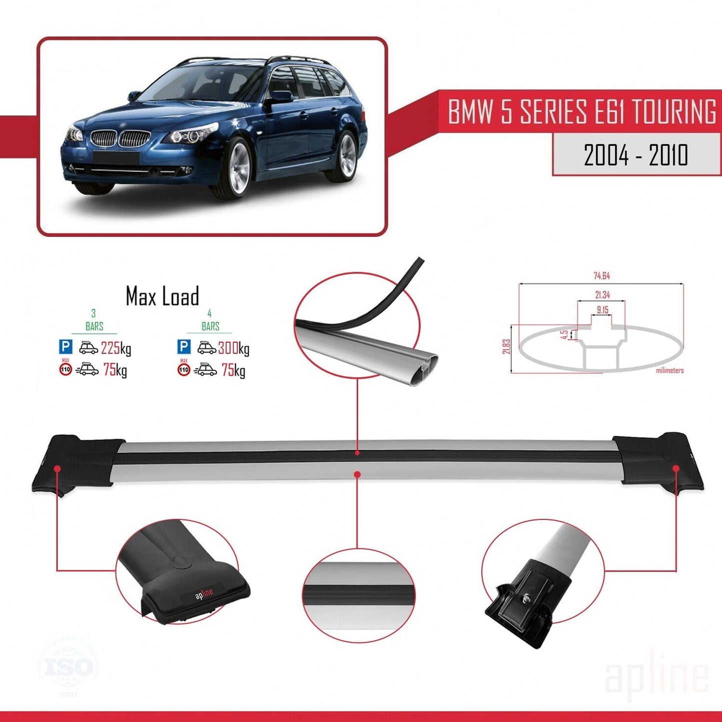 Compatible with BMW 5 Series (E61) Touring 2004-2010 Fly Model Car Roof Rack Cross Bar Grey Aluminium 3 Bars
