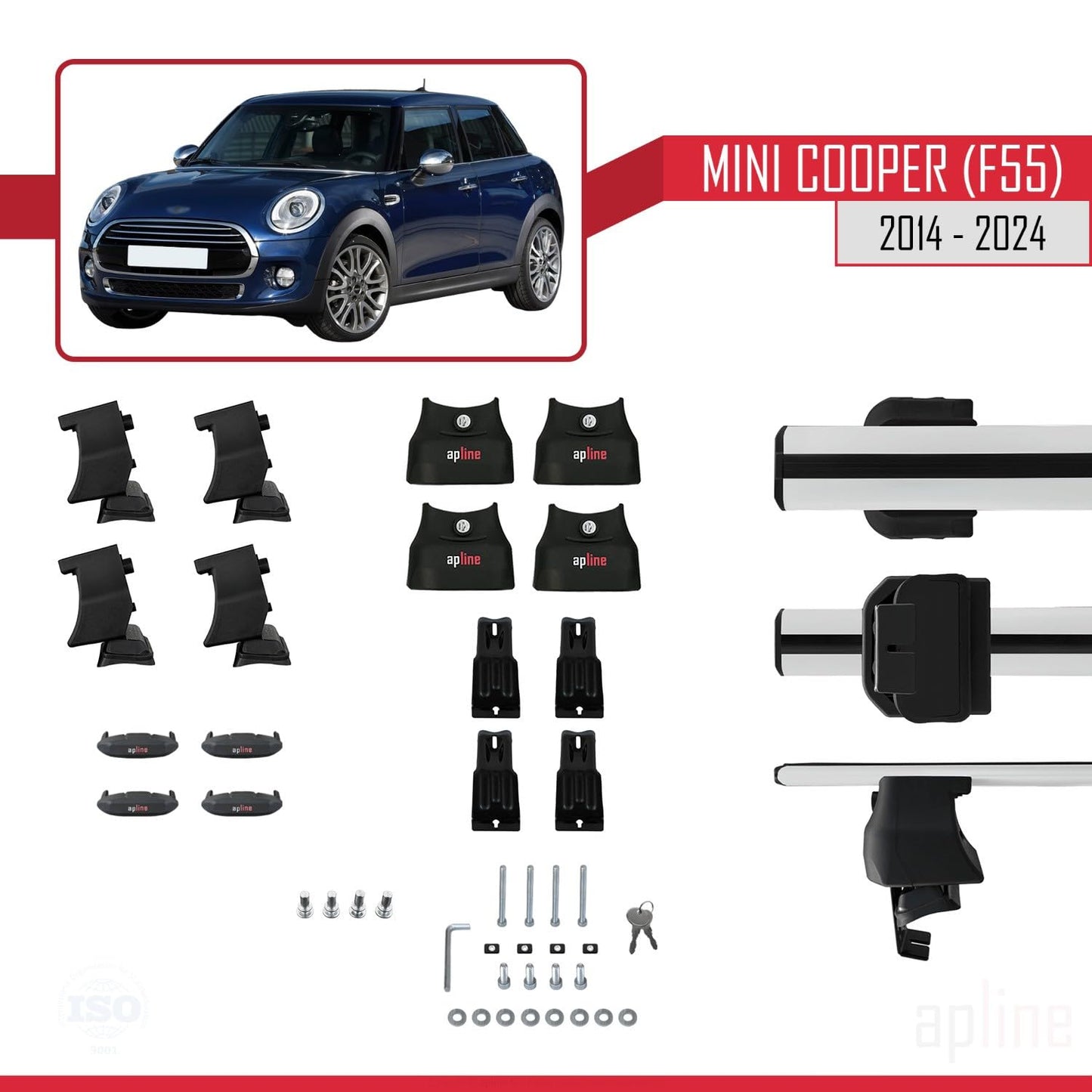 Compatible with Mini Cooper (F55) 2014-2024 ACE-4 Car Roof Rack Cross Bar Grey Aluminium 2 Bars