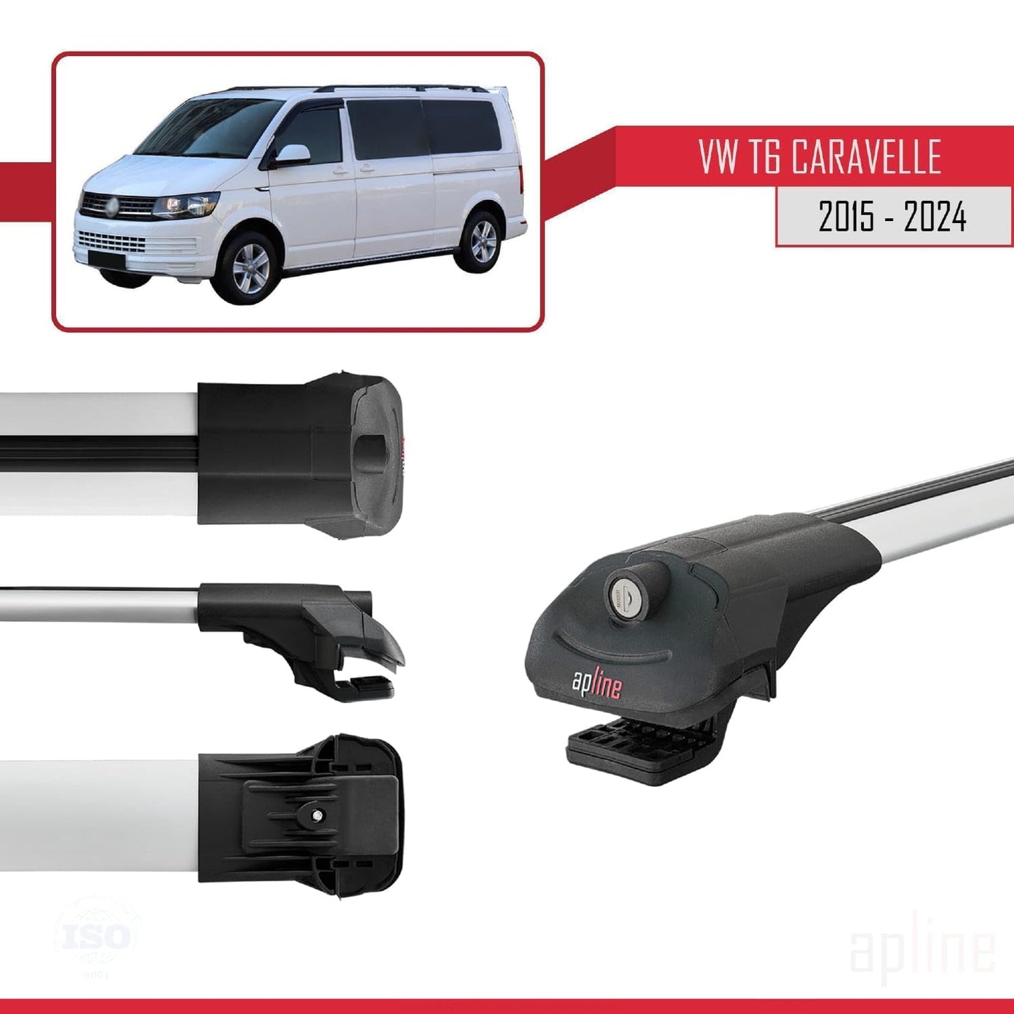 Compatible with Volkswagen T6 Caravelle 2015-2024 ACE-1 Car Roof Rack Cross Bar Grey Aluminium 3 Bars
