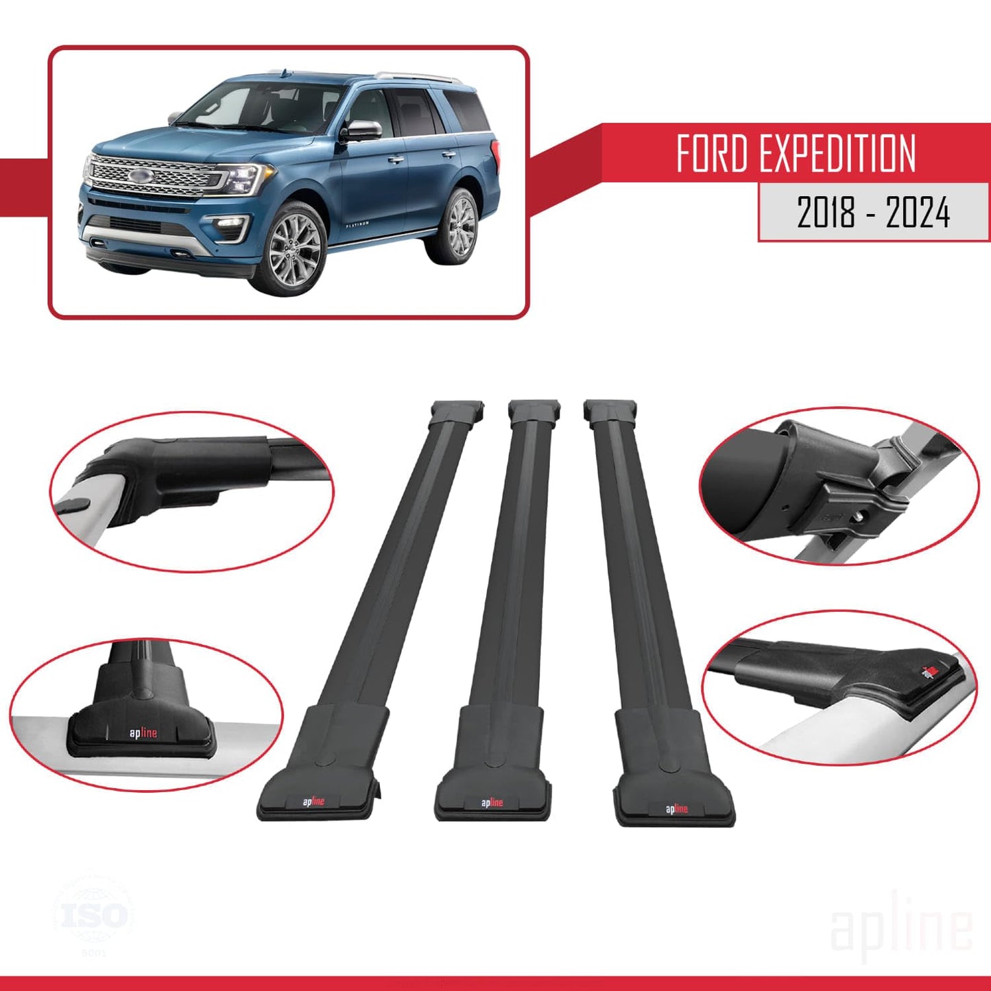 Compatible with Ford Expedition 2018-2024 Fly Model Car Roof Rack Cross Bar Black Aluminium 3 Bars