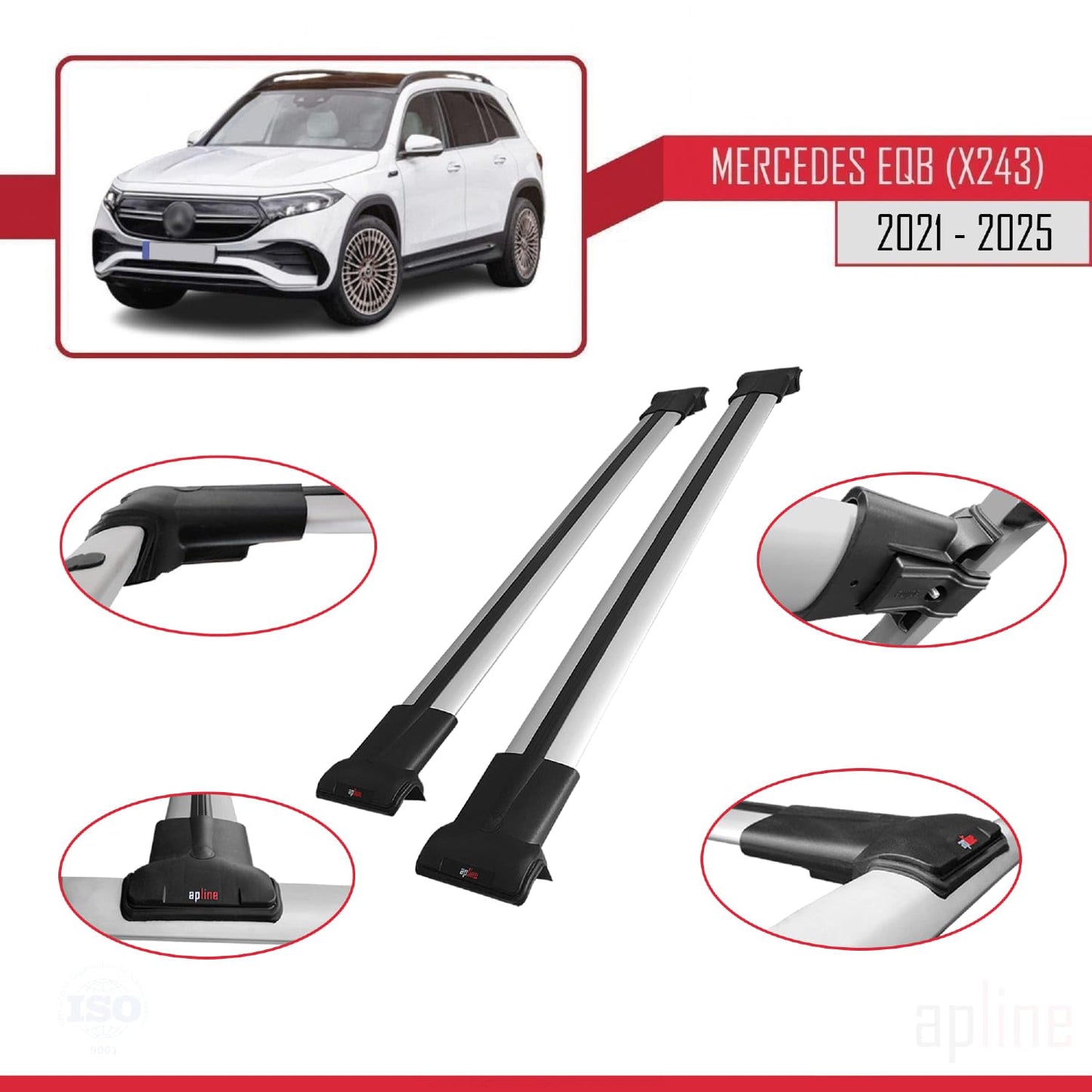 Compatible with Mercedes EQB (X243) 2021-2025 Fly Model Car Roof Rack Cross Bar Grey Aluminium 2 Bars