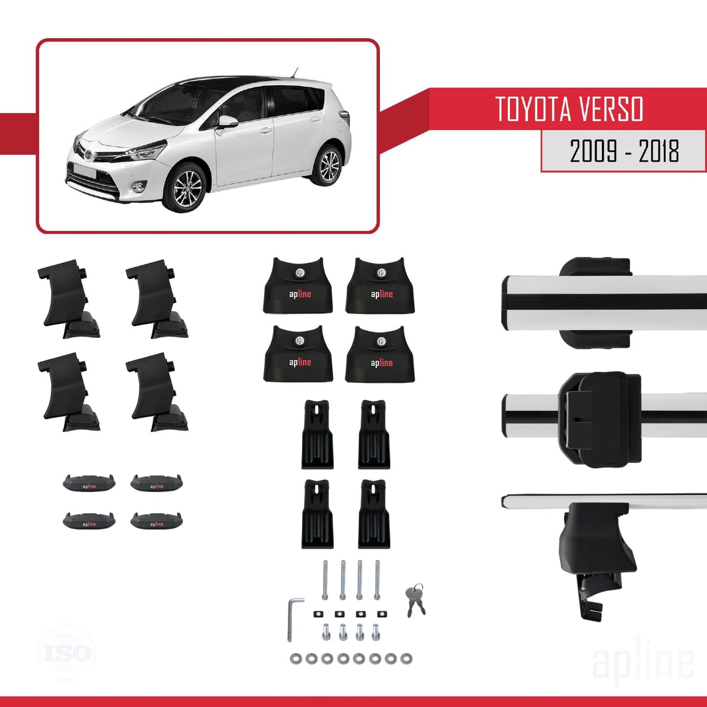 Compatible with Toyota Verso (AR20) 2009-2018 ACE-4 Car Roof Rack Cross Bar Grey Aluminium 2 Bars