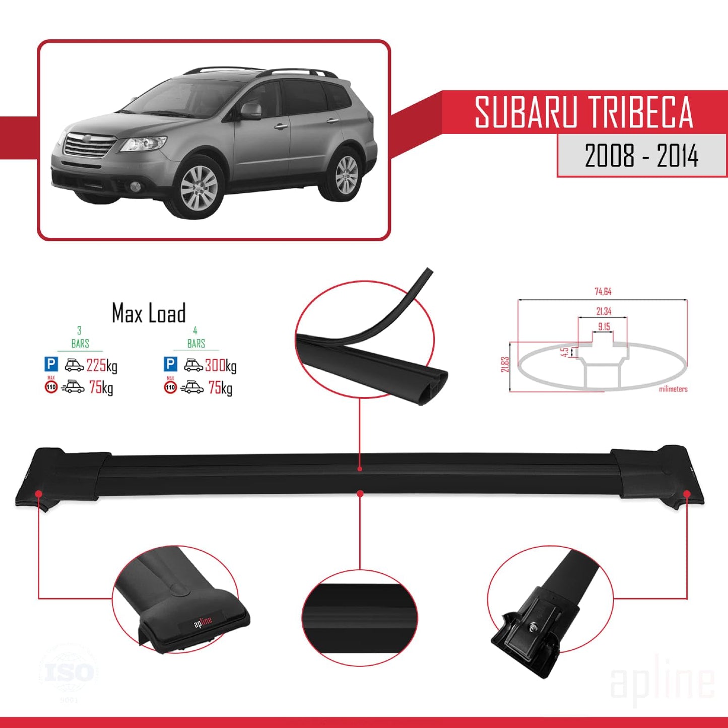 Compatible with Subaru Tribeca 2008-2014 Fly Model Car Roof Rack Cross Bar Black Aluminium 3 Bars
