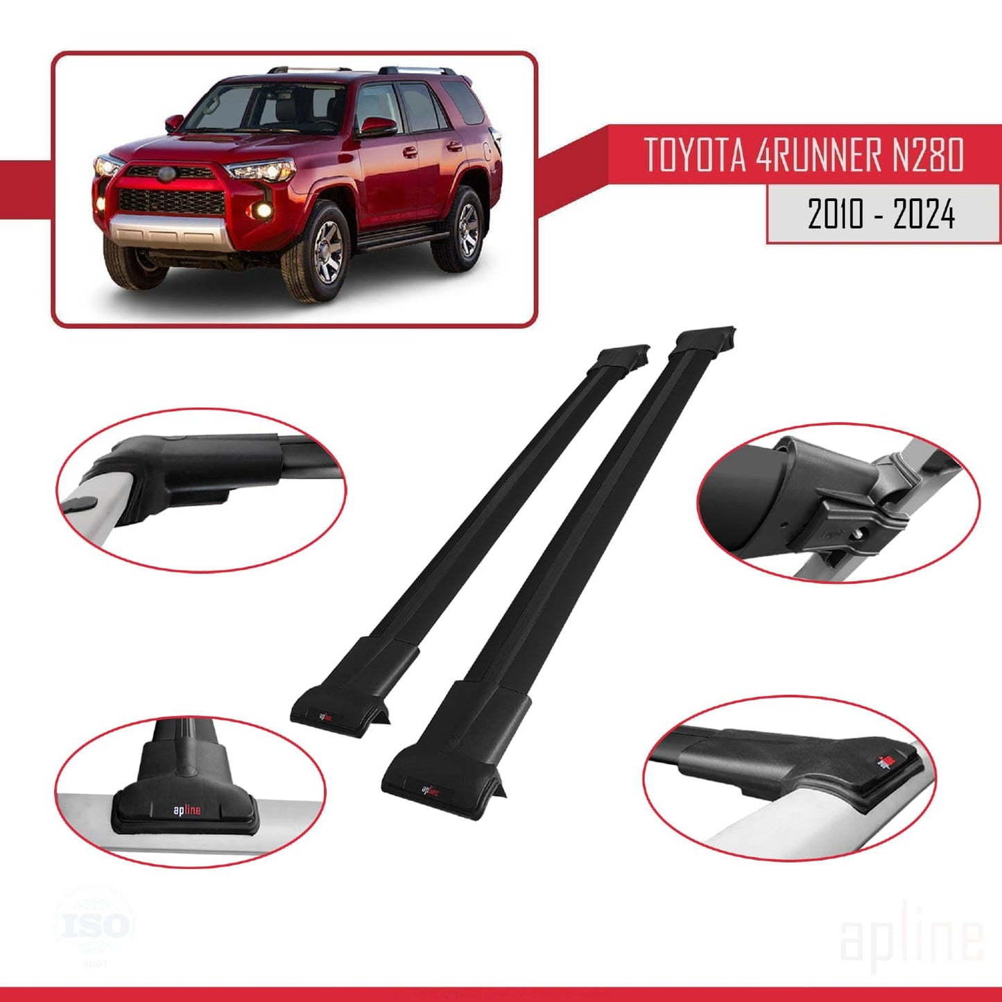 Compatible with Toyota 4Runner (N280) 2010-2024 Fly Model Car Roof Rack Cross Bar Black Aluminium 2 Bars