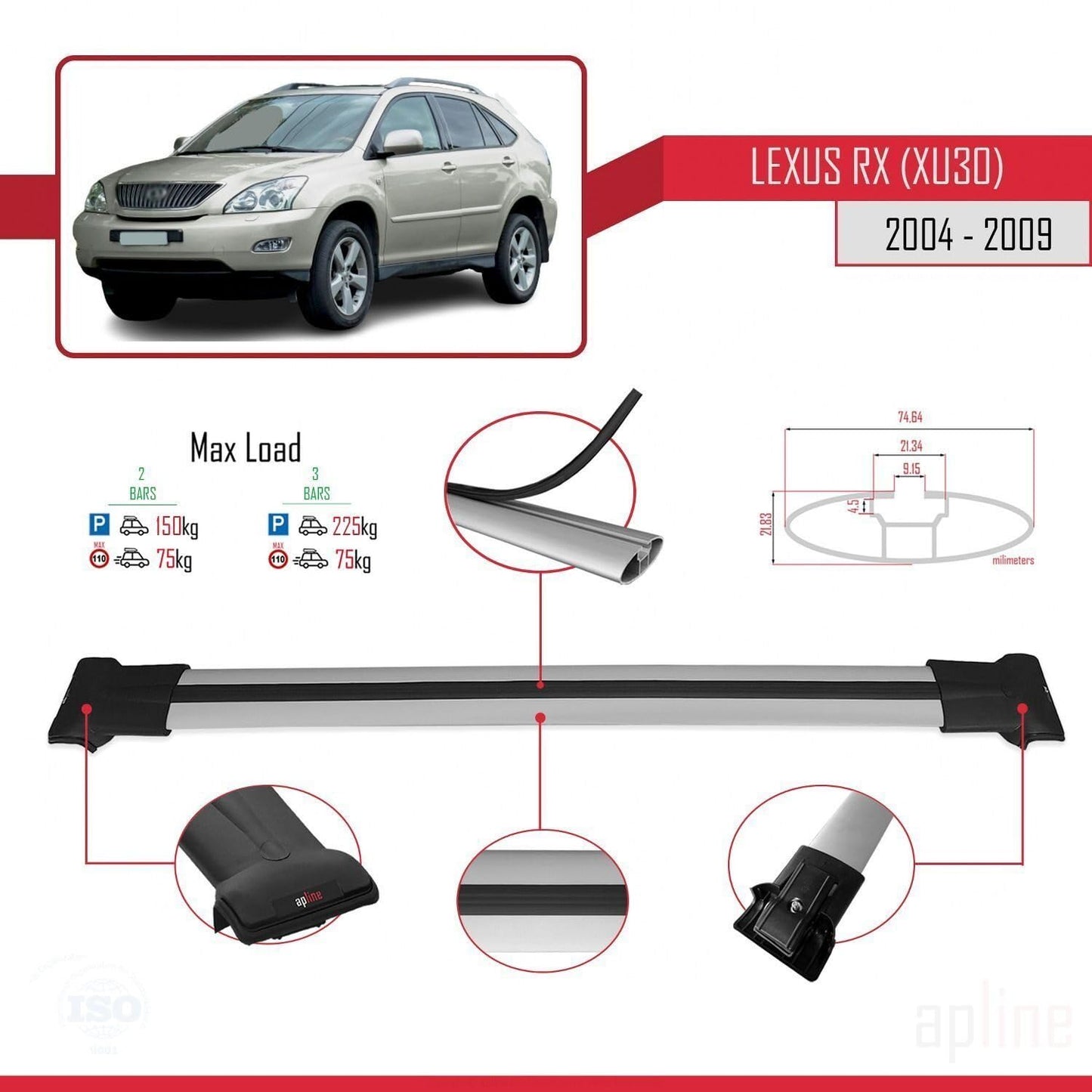 Compatible with Lexus RX 2 (XU30) 2004-2009 Fly Model Car Roof Rack Cross Bar Grey Aluminium 2 Bars